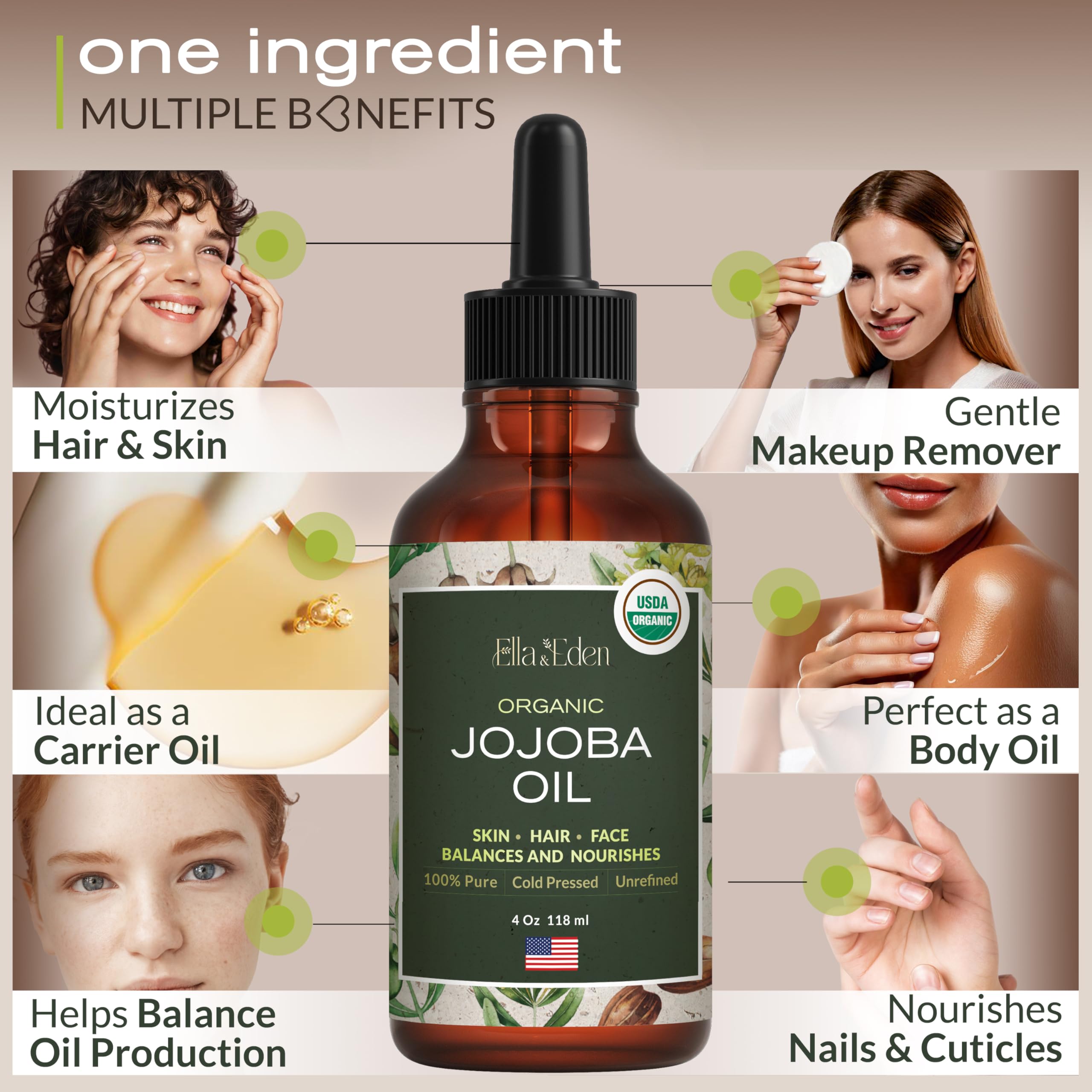 Ella & Eden Organic Jojoba Oil – USDA Certified, Cold-Pressed, 100% Pure & Hexane-Free (4 Fl Oz)