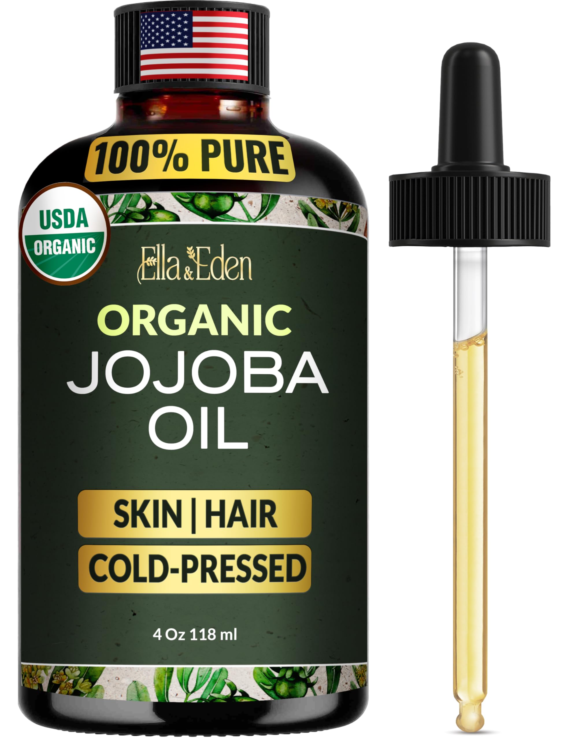 Ella & Eden Organic Jojoba Oil – USDA Certified, Cold-Pressed, 100% Pure & Hexane-Free (4 Fl Oz)