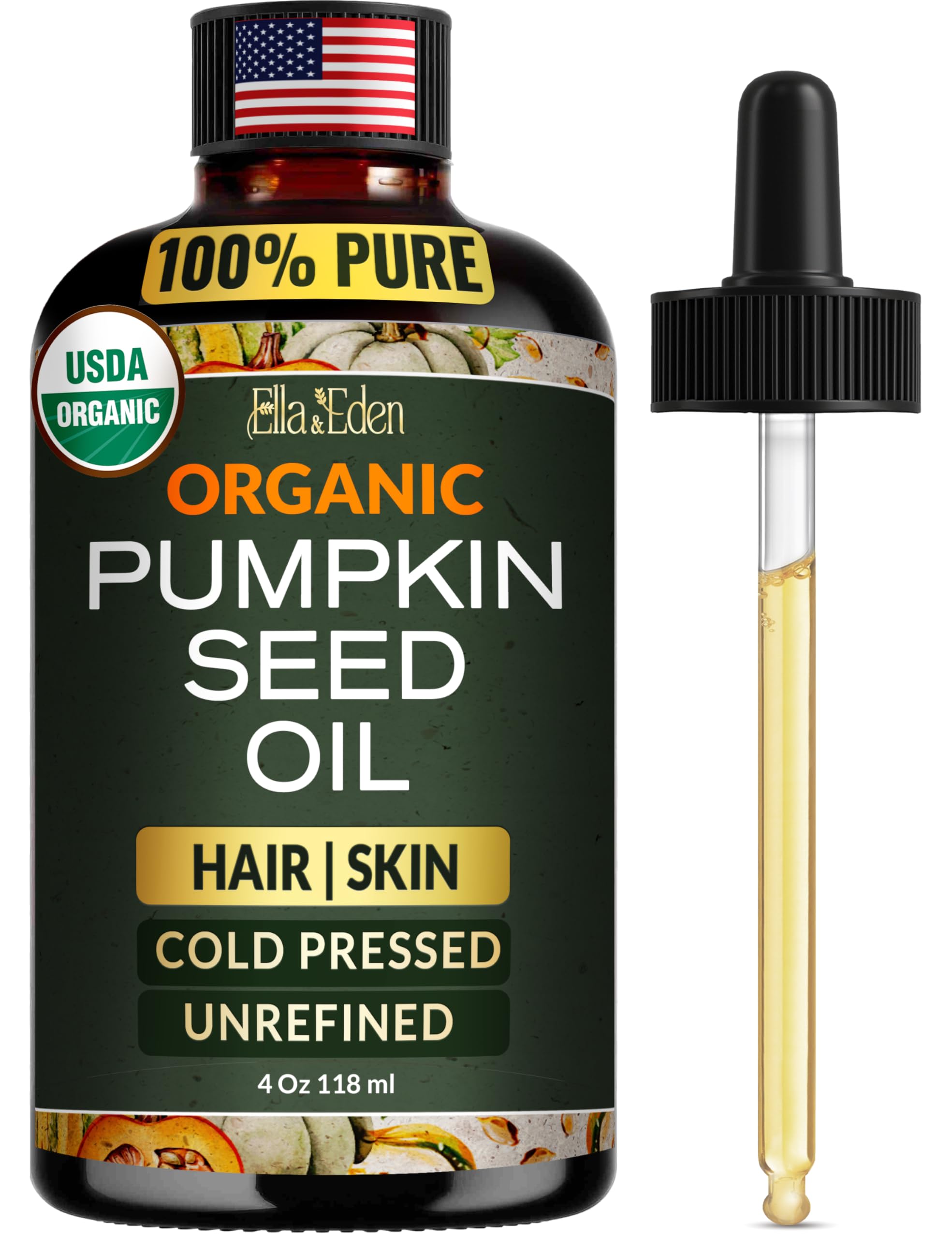 Ella & Eden Organic Pumpkin Seed Oil for Hair Growth – Cold-Pressed, Hexane-Free, 4 Fl Oz