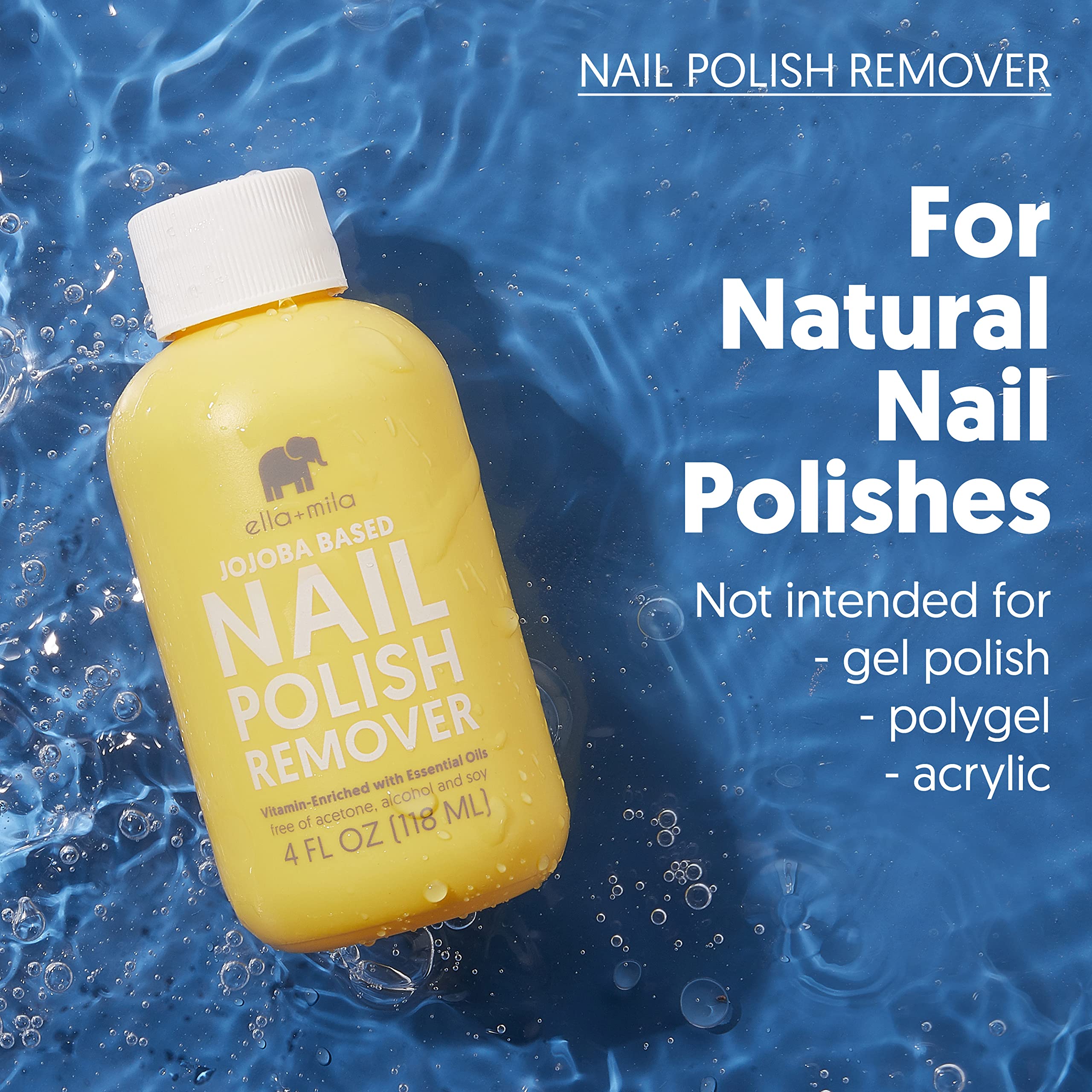 ella+mila Jojoba Nail Polish Remover – Non-Acetone, Non-Toxic, Vegan Formula with Jojoba Oil (4 fl oz)