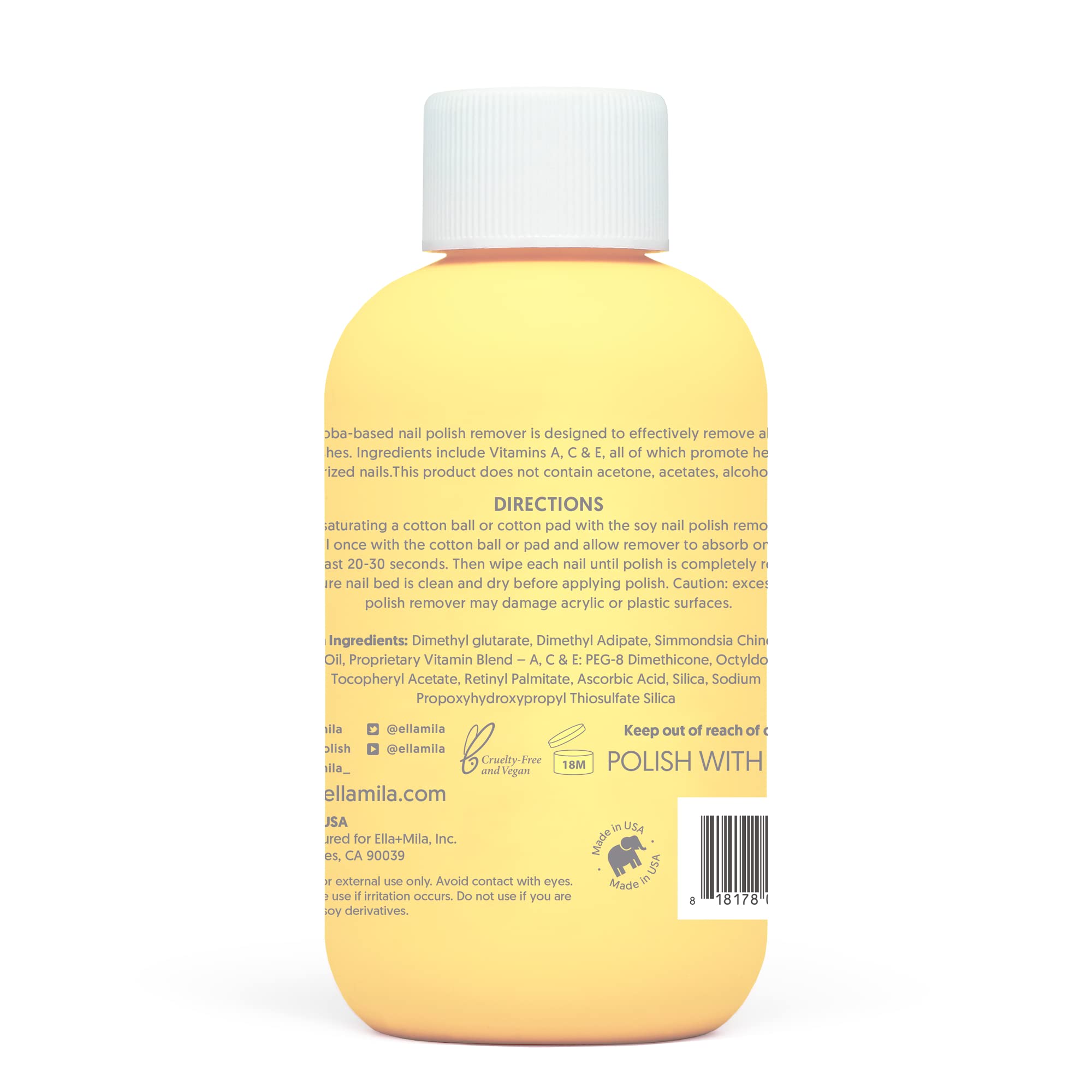 ella+mila Jojoba Nail Polish Remover – Non-Acetone, Non-Toxic, Vegan Formula with Jojoba Oil (4 fl oz)