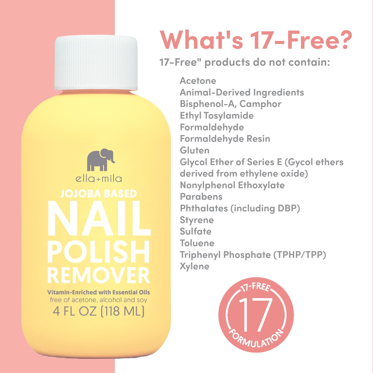 ella+mila Jojoba Nail Polish Remover – Non-Acetone, Non-Toxic, Vegan Formula with Jojoba Oil (4 fl oz)