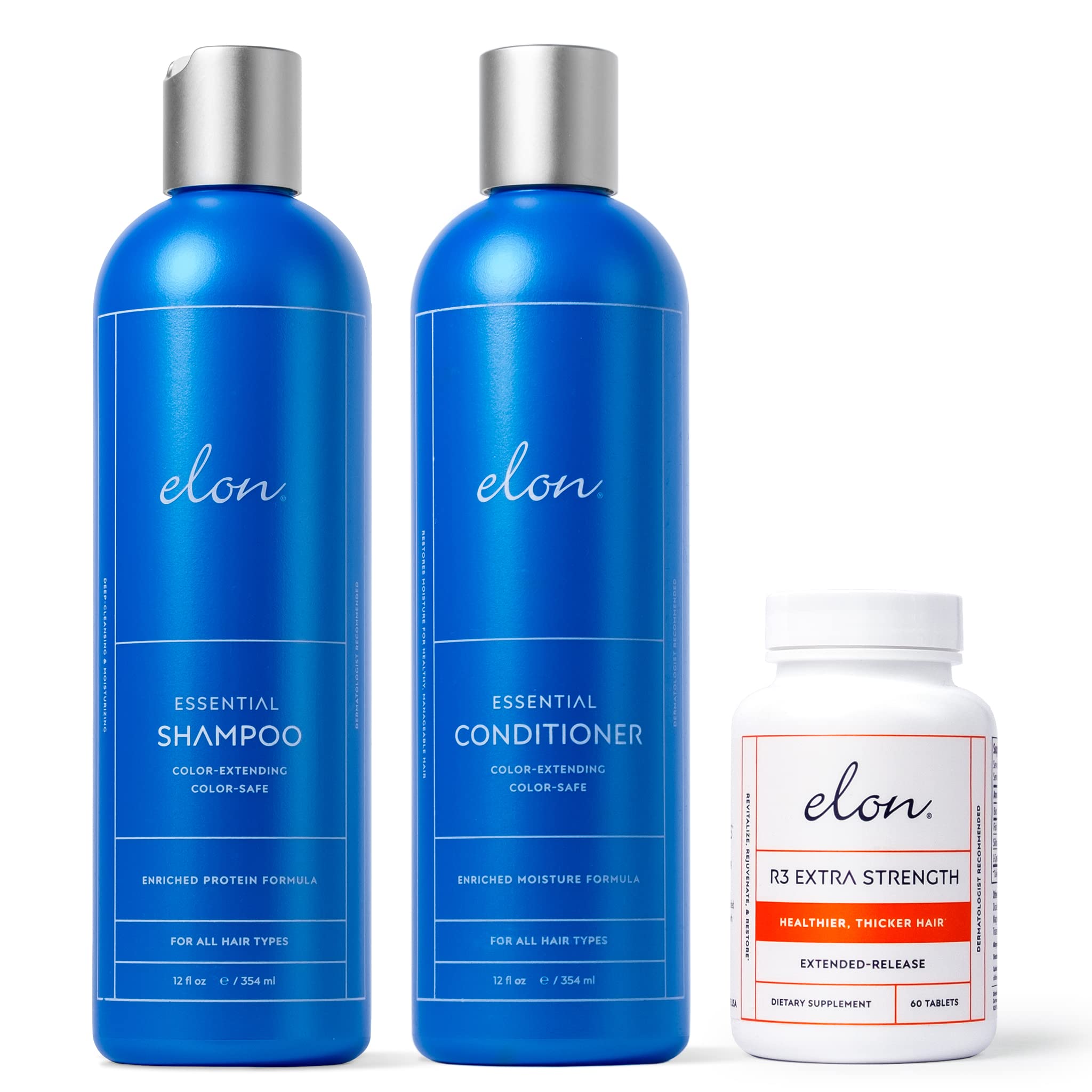 Elon Complete Care Kit for Thinning Hair – Shampoo, Conditioner & R3 Supplement (No Sulfates, Parabens, or Phthalates)