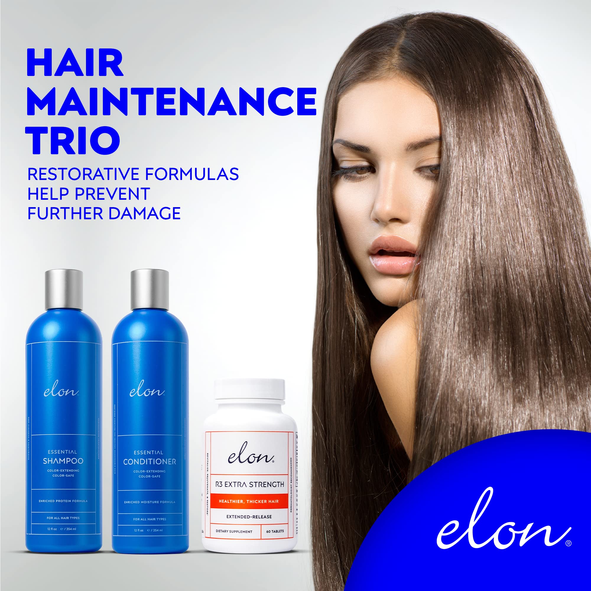 Elon Complete Care Kit for Thinning Hair – Shampoo, Conditioner & R3 Supplement (No Sulfates, Parabens, or Phthalates)