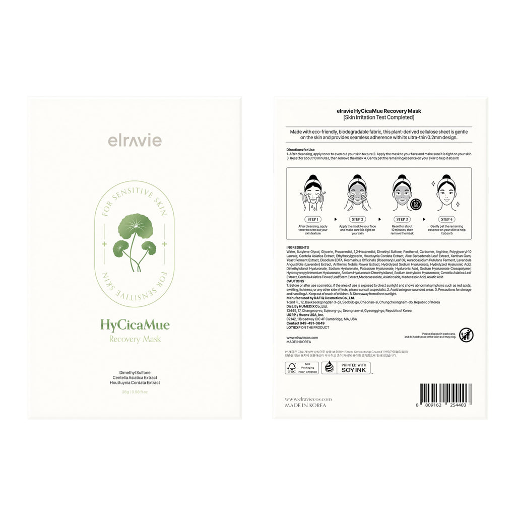 elravie HyCicaMue Recovery Mask (10ea) | Soothing, Hydrating Korean Sheet Mask for Sensitive Skin