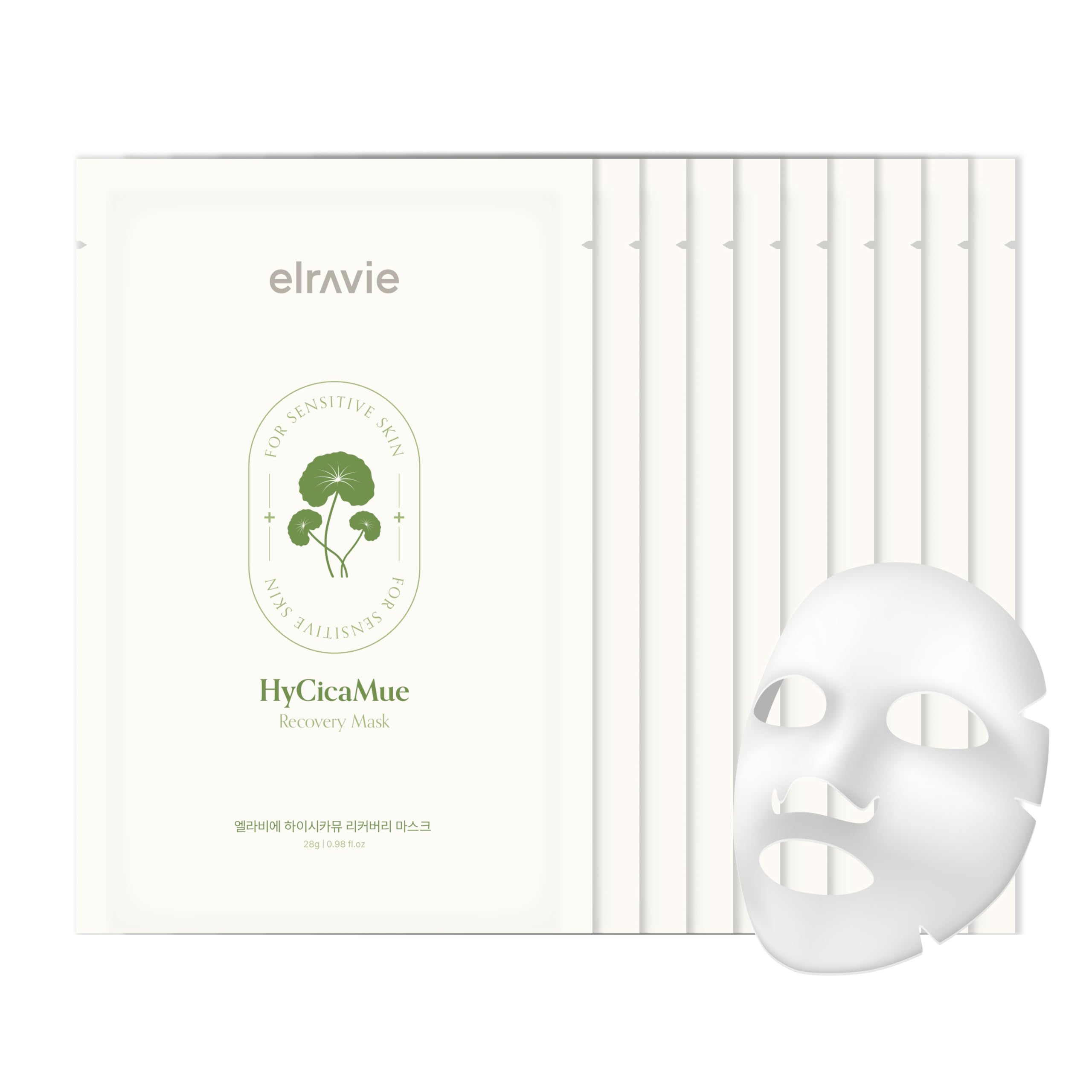 elravie HyCicaMue Recovery Mask (10ea) | Soothing, Hydrating Korean Sheet Mask for Sensitive Skin
