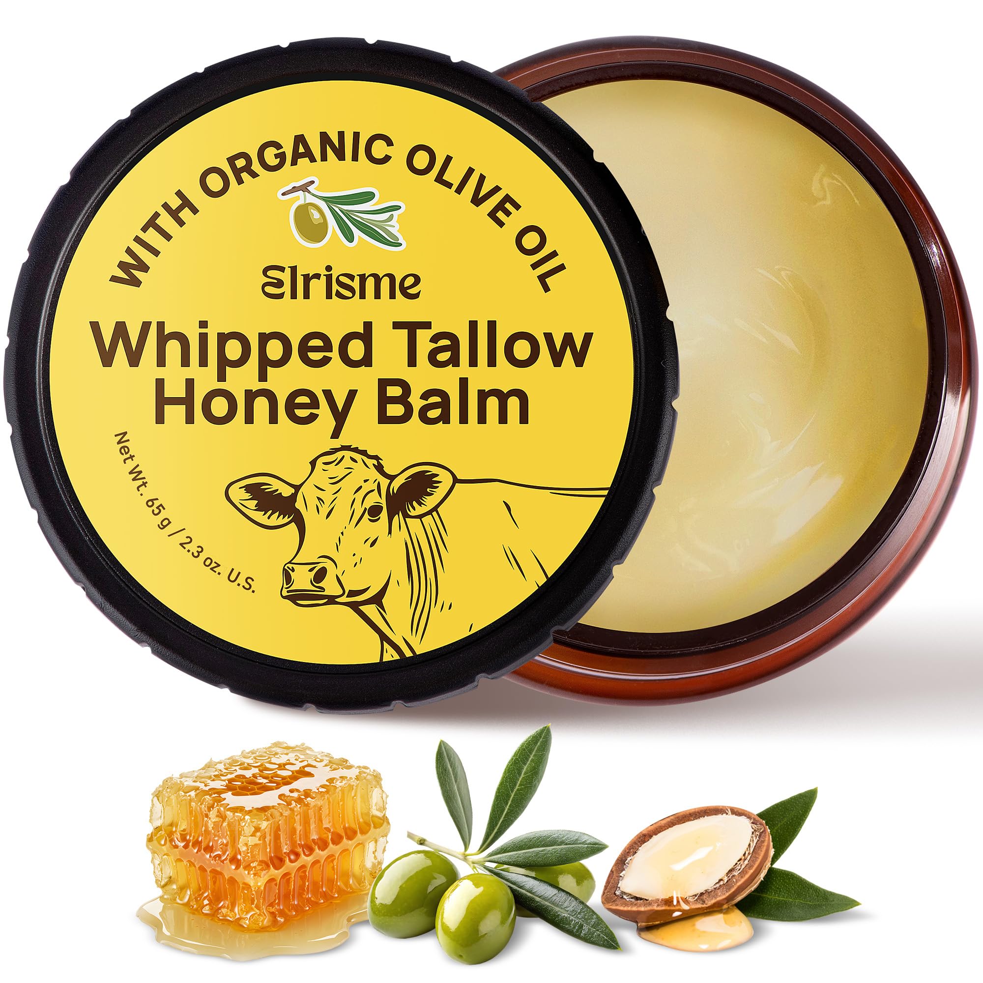 Elrisme Grass-Fed Beef Tallow Whipped Honey Balm – Organic Face & Body Moisturizer 1.8 oz