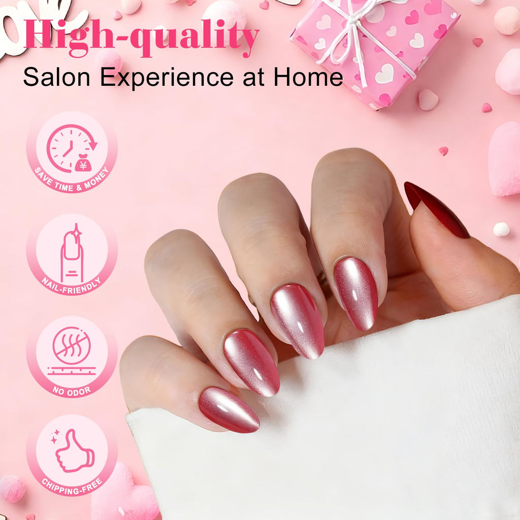 ELSAGIRL Red Cat Eye Press-On Nails – 5 Colors (Jelly Pink & Ruby Red), 160 PCS, 16 Sizes