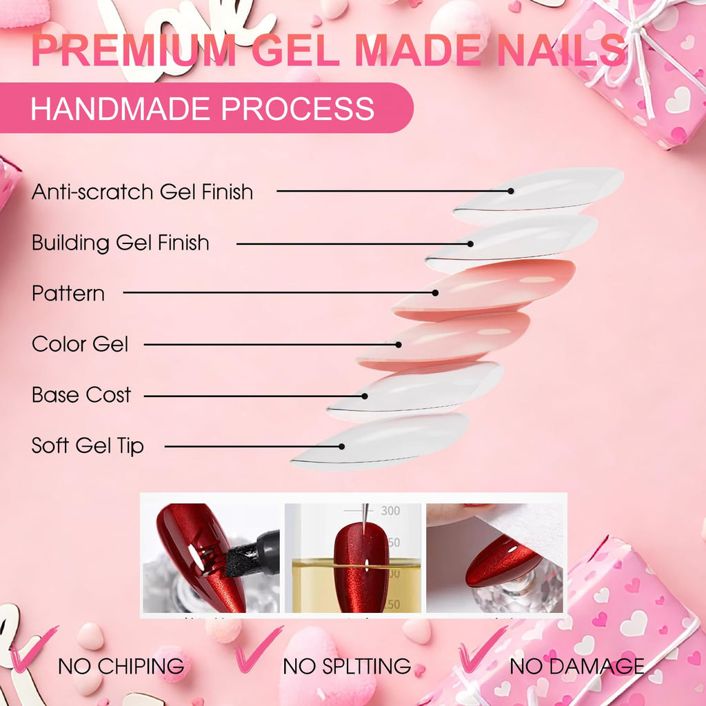 ELSAGIRL Red Cat Eye Press-On Nails – 5 Colors (Jelly Pink & Ruby Red), 160 PCS, 16 Sizes