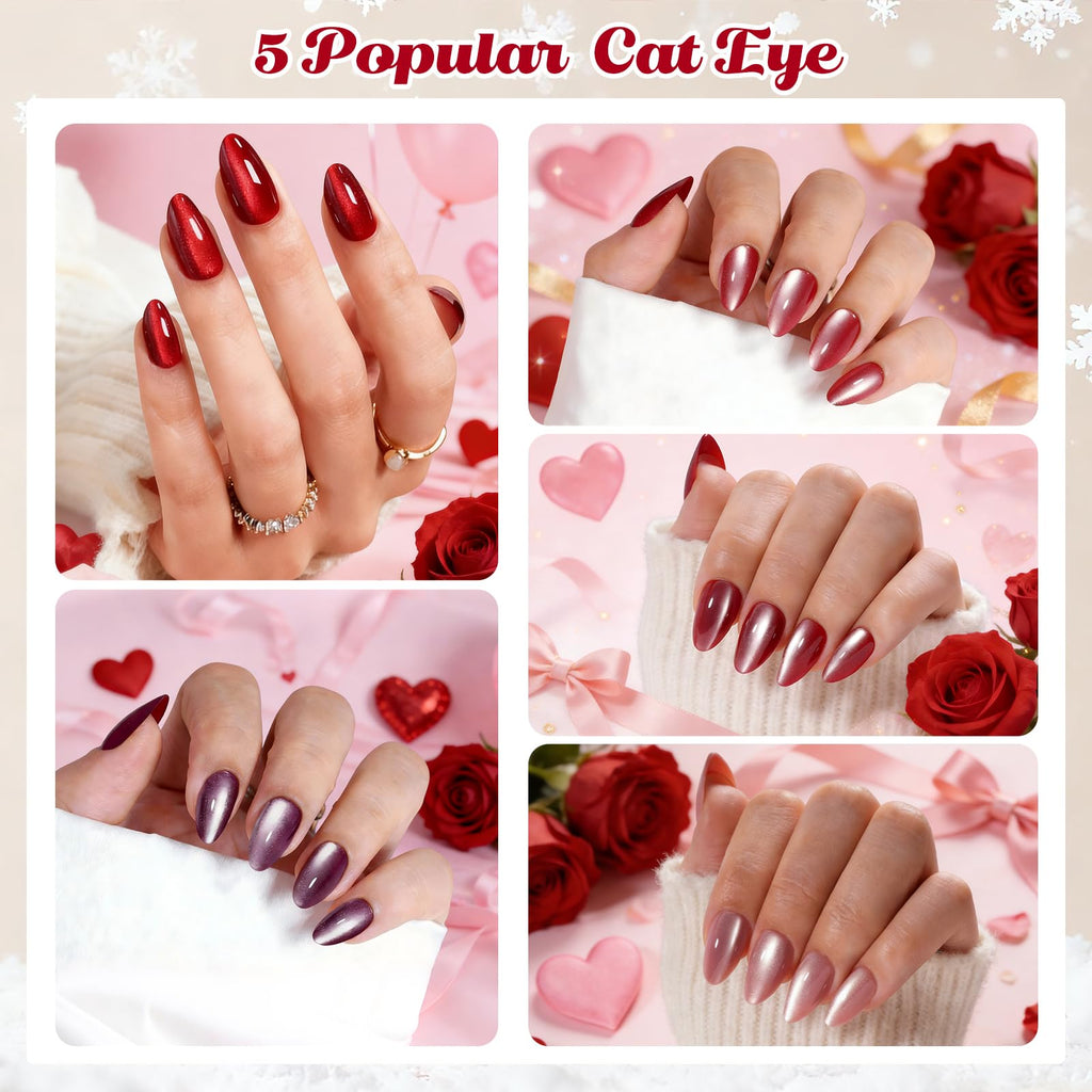 ELSAGIRL Red Cat Eye Press-On Nails – 5 Colors (Jelly Pink & Ruby Red), 160 PCS, 16 Sizes