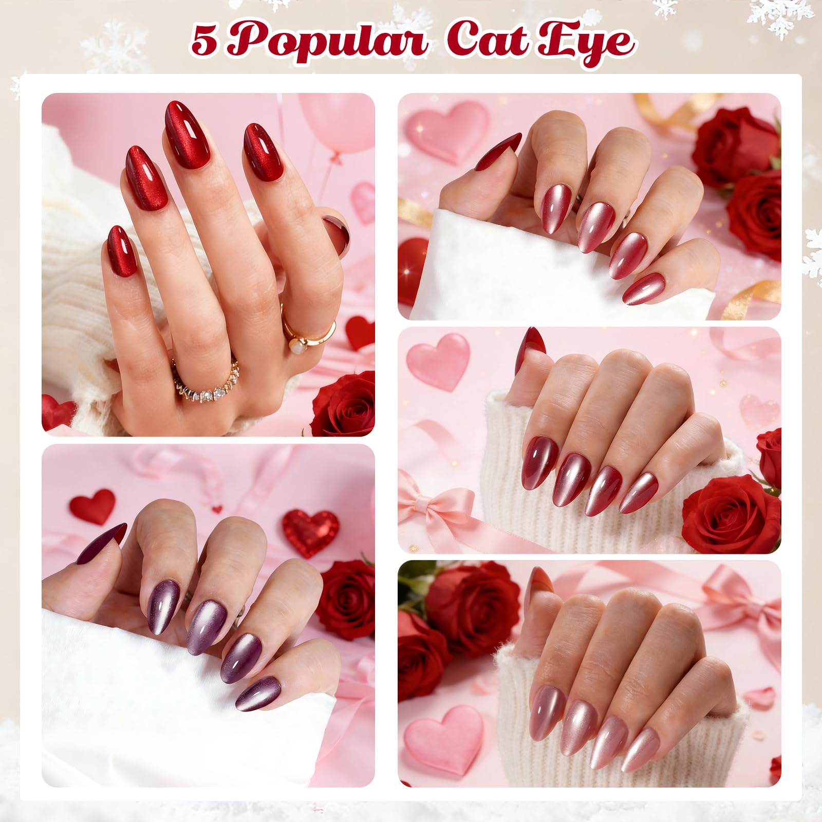 ELSAGIRL Red Cat Eye Press-On Nails – 5 Colors (Jelly Pink & Ruby Red), 160 PCS, 16 Sizes