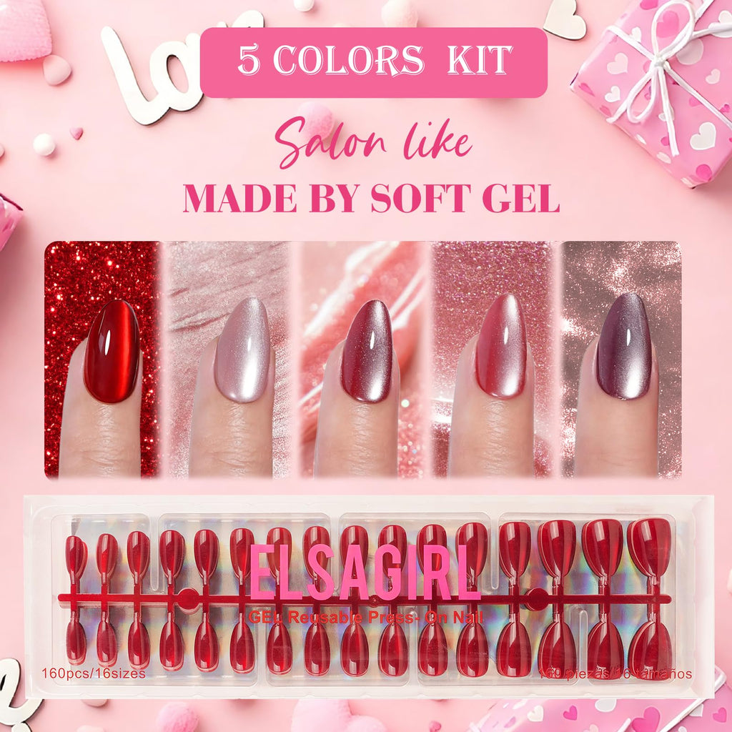ELSAGIRL Red Cat Eye Press-On Nails – 5 Colors (Jelly Pink & Ruby Red), 160 PCS, 16 Sizes