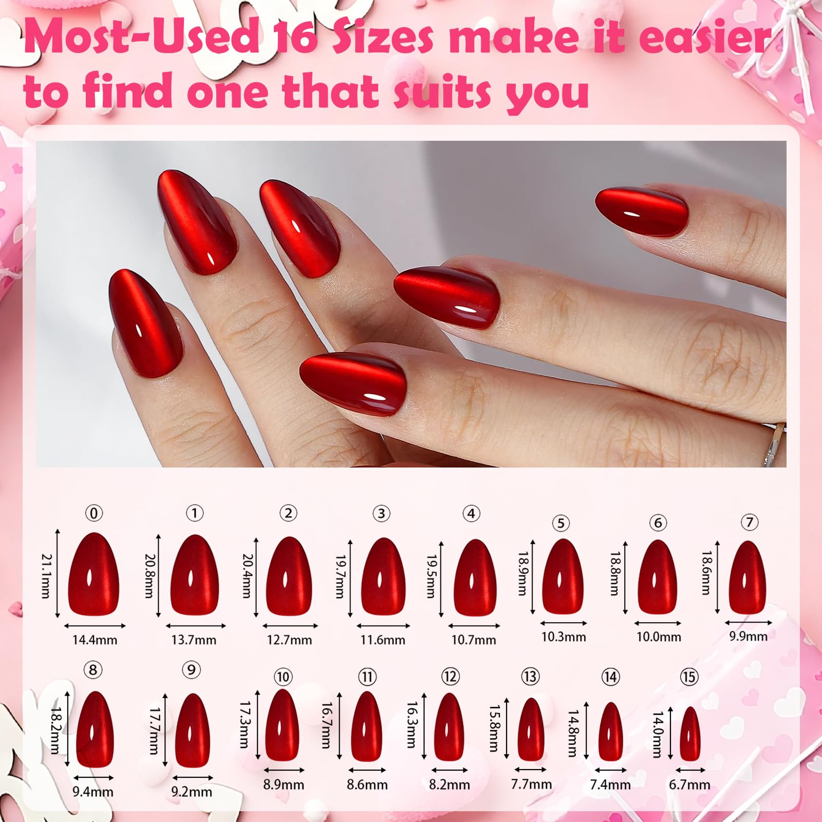 ELSAGIRL Red Cat Eye Press-On Nails – 5 Colors (Jelly Pink & Ruby Red), 160 PCS, 16 Sizes