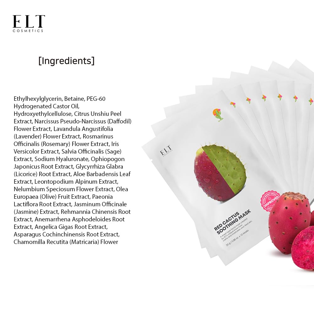 ELT Red Cactus Extract Mask (5,000 ppm) – 25 g / 0.88 oz, Korean Brightening & Anti-Aging Sheet Mask (10 ea)