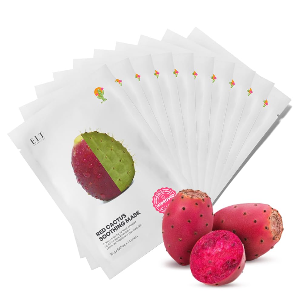 ELT Red Cactus Extract Mask (5,000 ppm) – 25 g / 0.88 oz, Korean Brightening & Anti-Aging Sheet Mask (10 ea)