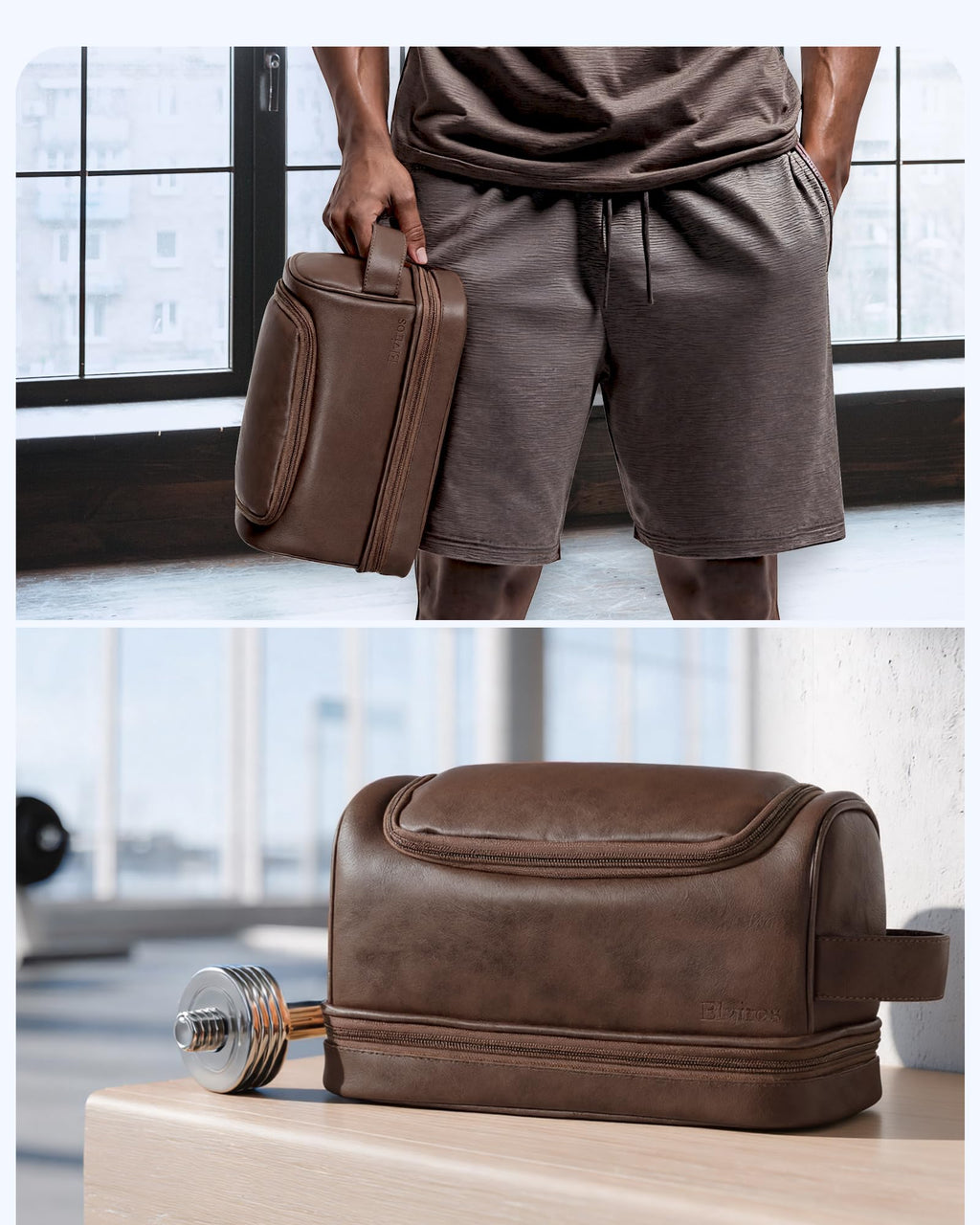 Elviros Toiletry Bag for Men – Large PU Leather Travel Organizer with Hanging Hook (Coffee)