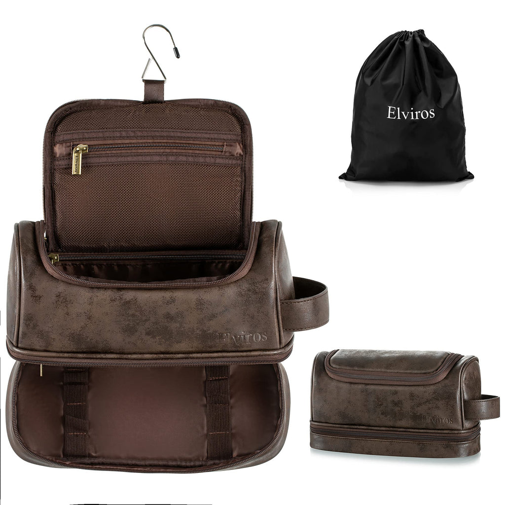 Elviros Toiletry Bag for Men – Large PU Leather Travel Organizer with Hanging Hook (Coffee)