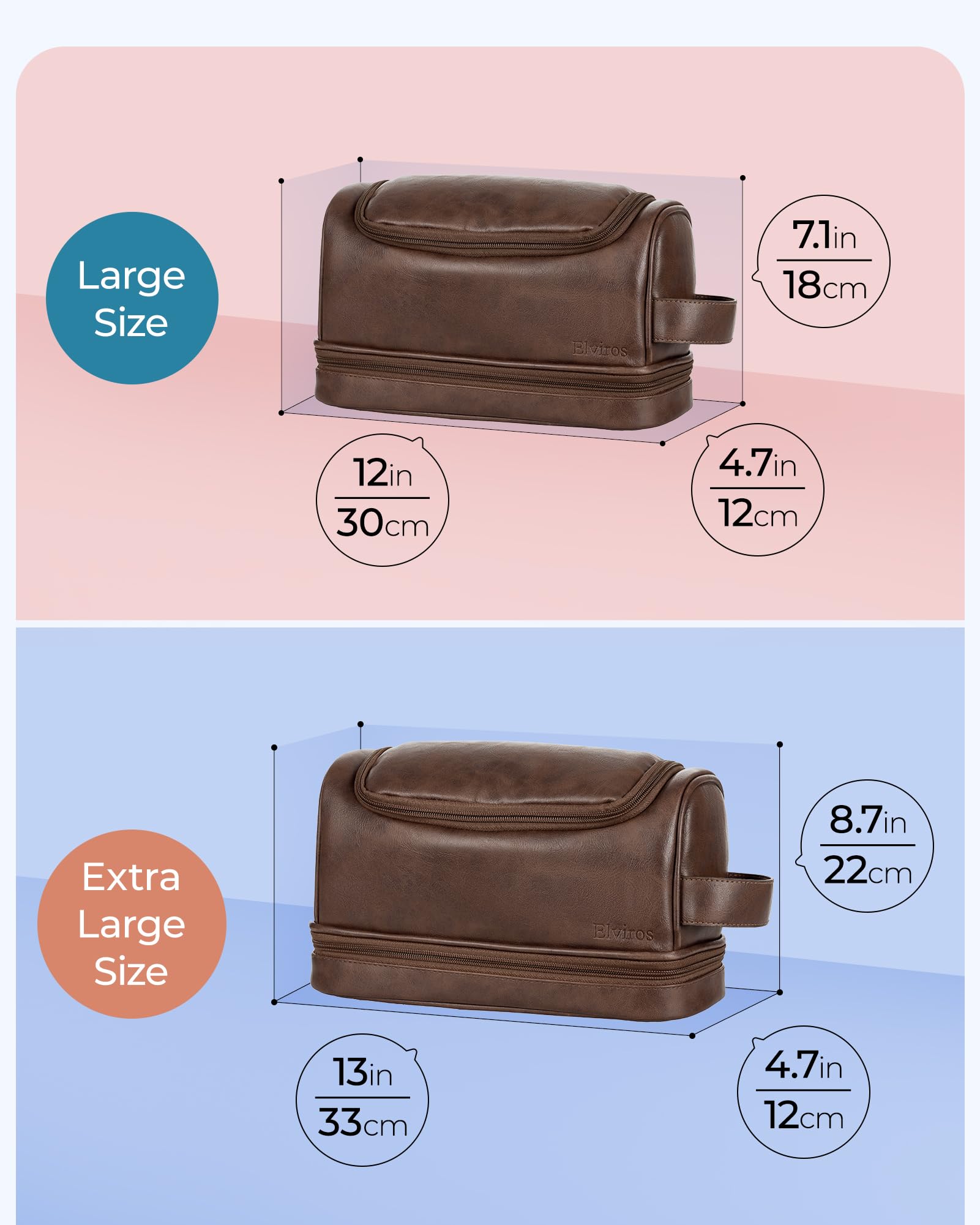 Elviros Toiletry Bag for Men – Large PU Leather Travel Organizer with Hanging Hook (Coffee)