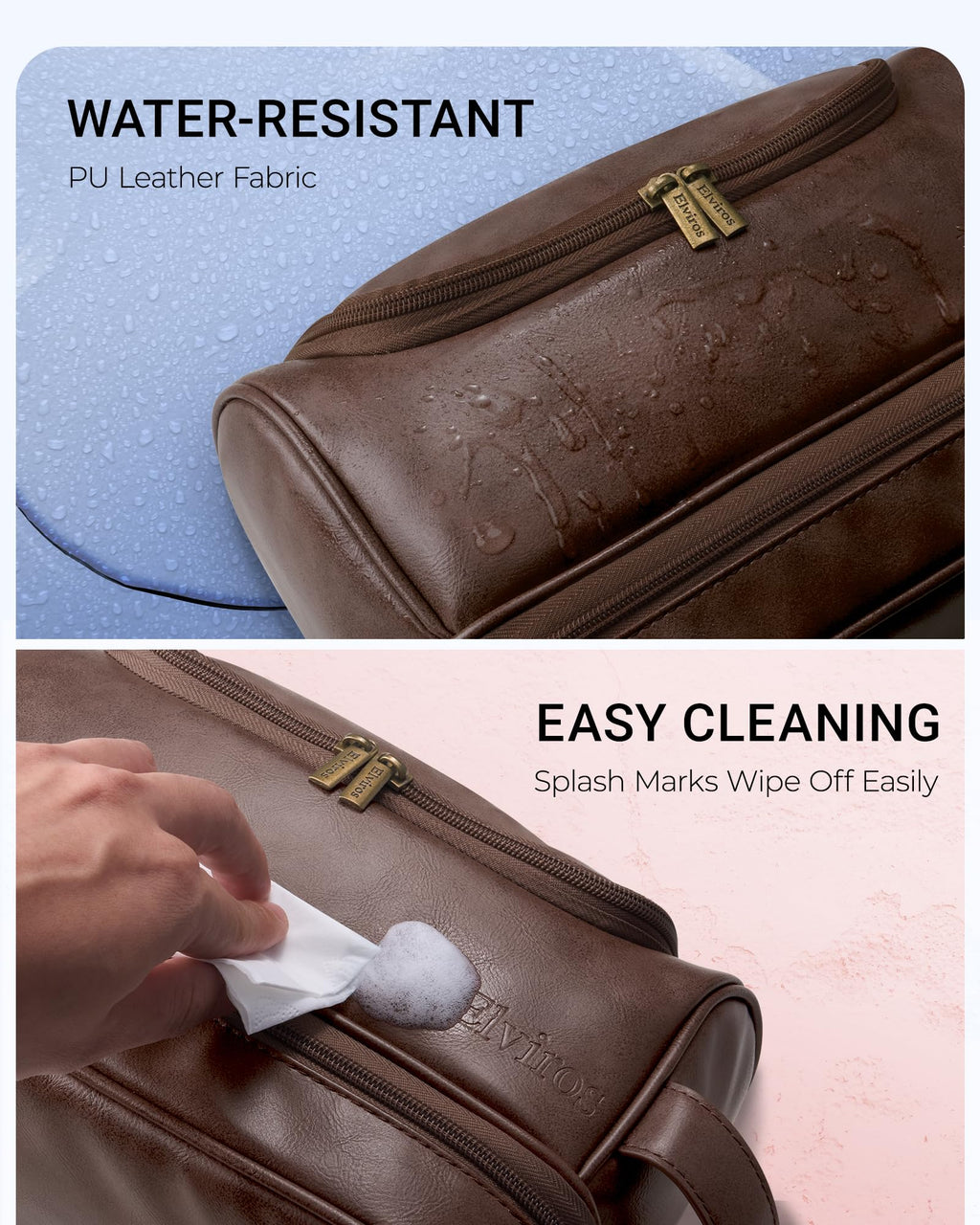 Elviros Toiletry Bag for Men – Large PU Leather Travel Organizer with Hanging Hook (Coffee)
