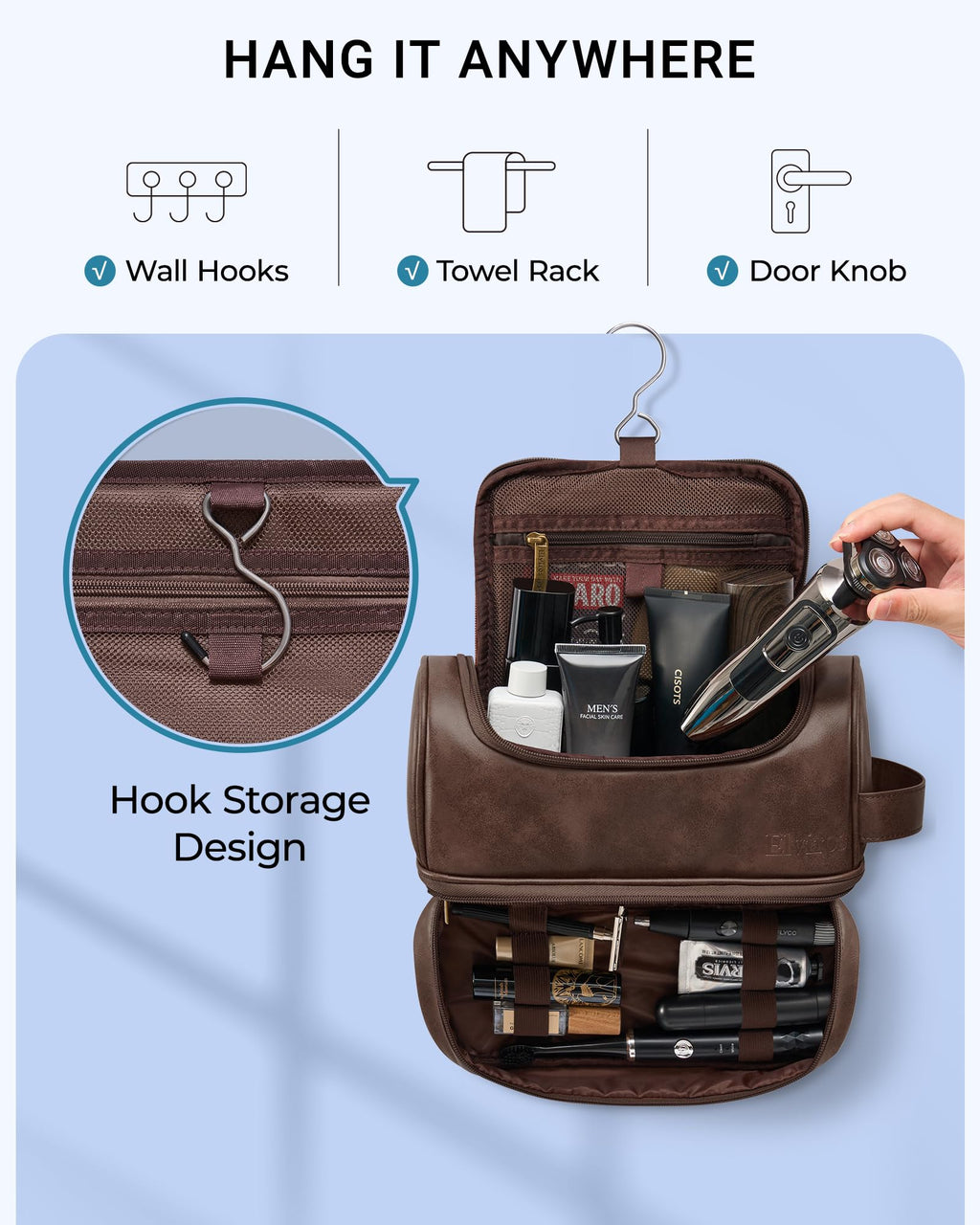 Elviros Toiletry Bag for Men – Large PU Leather Travel Organizer with Hanging Hook (Coffee)