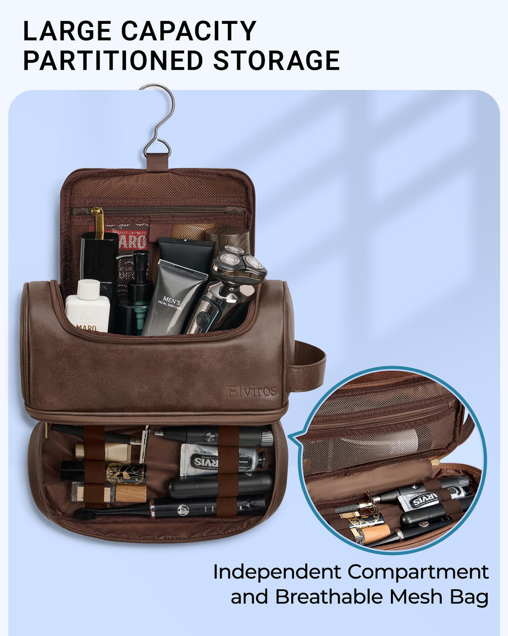 Elviros Toiletry Bag for Men – Large PU Leather Travel Organizer with Hanging Hook (Coffee)