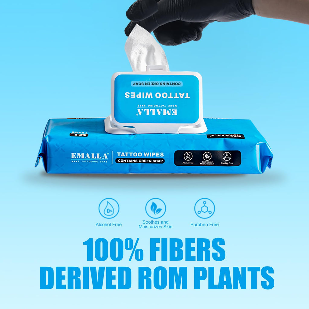 Emalla Green Soap Tattoo Wipes – 100 Count (5-Pack), Alcohol-Free with Aloe & Chamomile