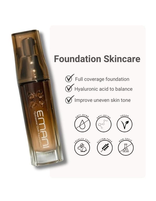 Emani HydraWear Brightening Foundation – Buildable Coverage, Hydration, Silicone-Free, Vegan & Cruelty-Free – Golden Amber