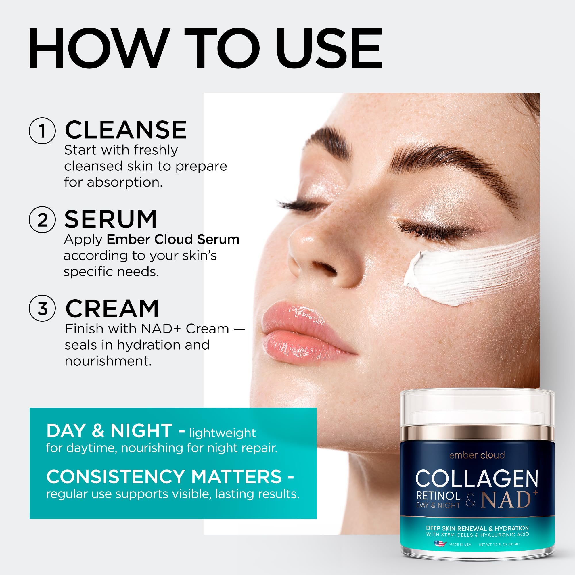 Ember Cloud Collagen NAD+ Cream – Day & Night Face Moisturizer with Retinol, Hyaluronic Acid & Niacinamide | Made in USA