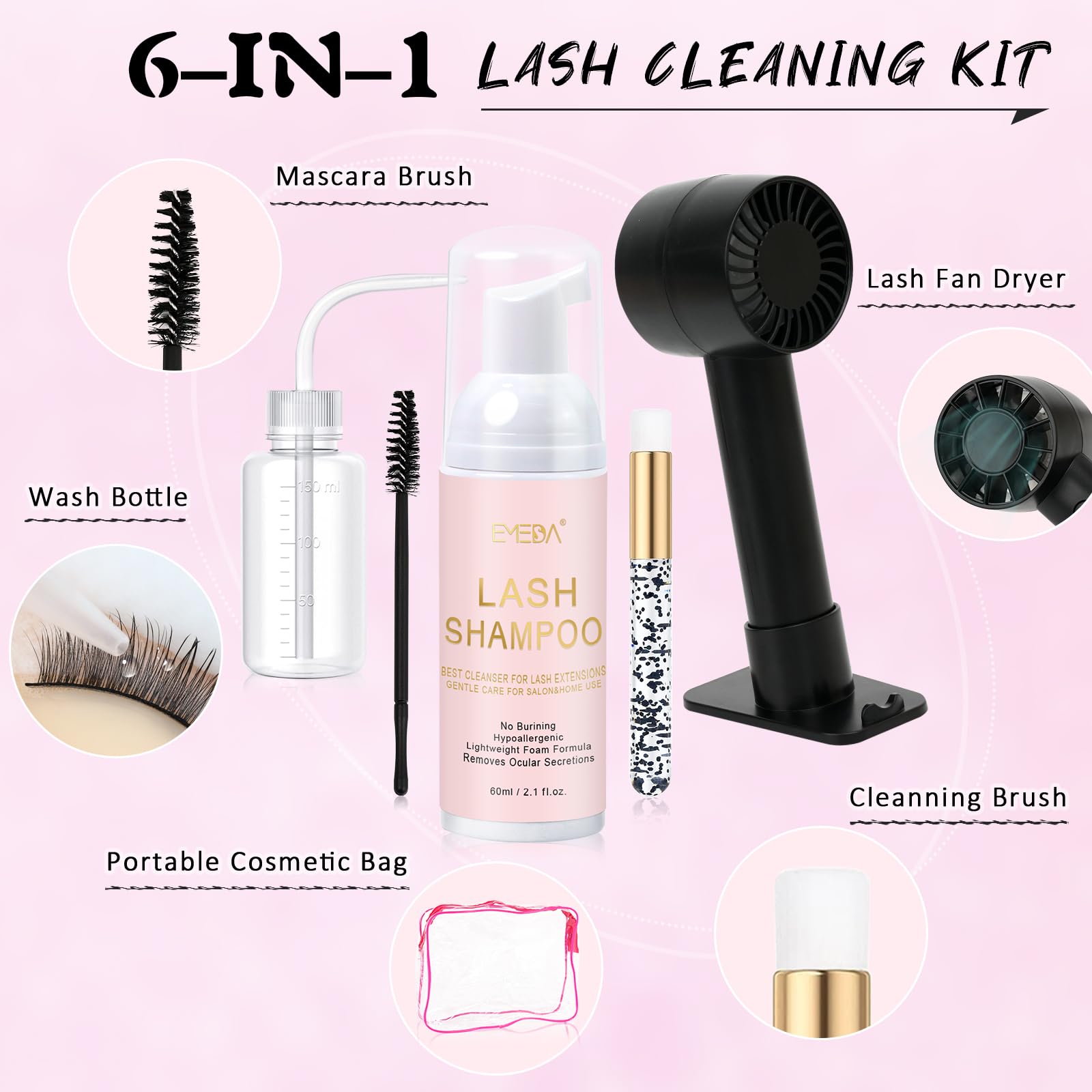 EMEDA Lash Shampoo Kit – 2.02 fl oz Lash Cleaning Kit with USB Mini Fan