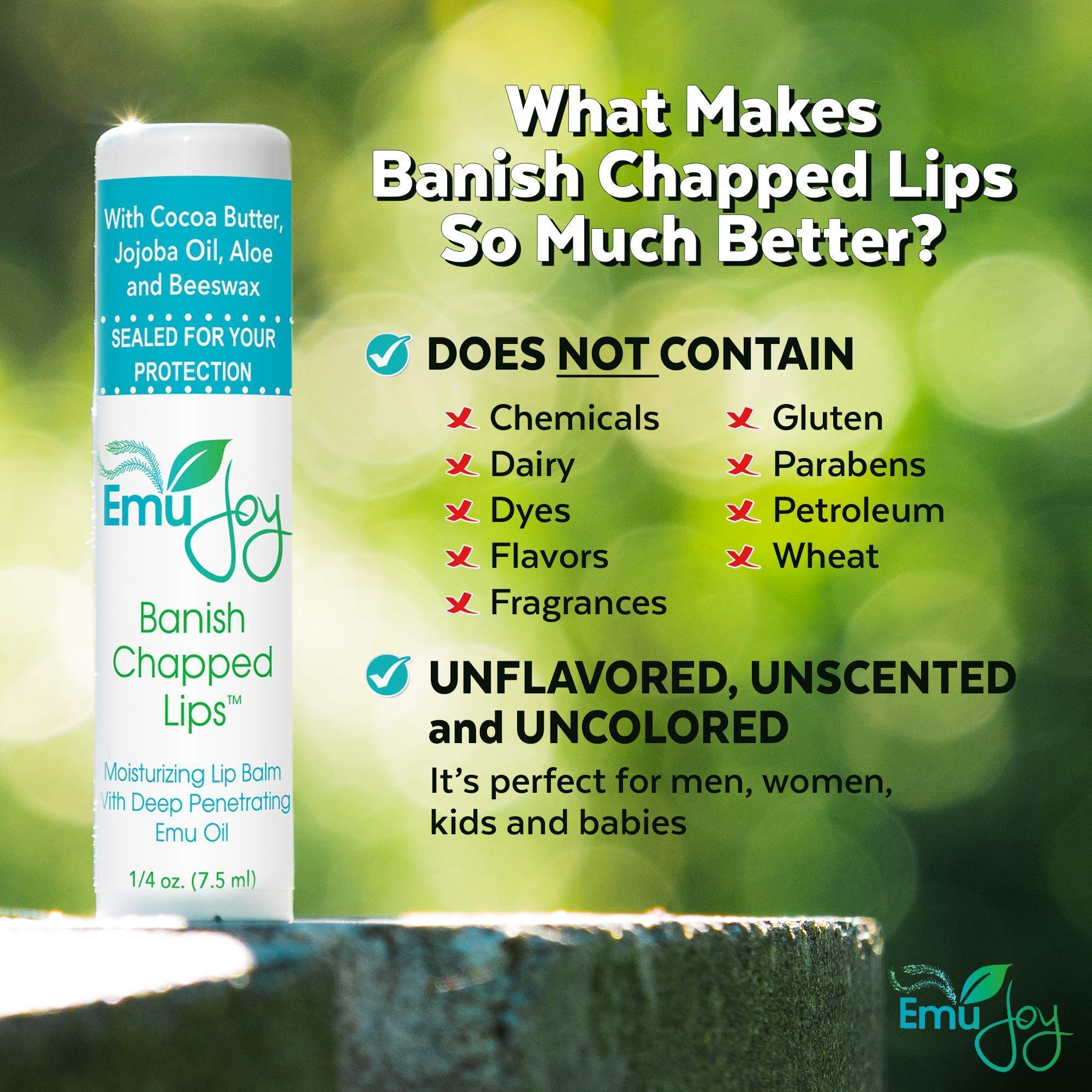 Emu Joy Lip Balm with Emu Oil — Unflavored, Hydrating, Pocket-Size for Severely Chapped Lips