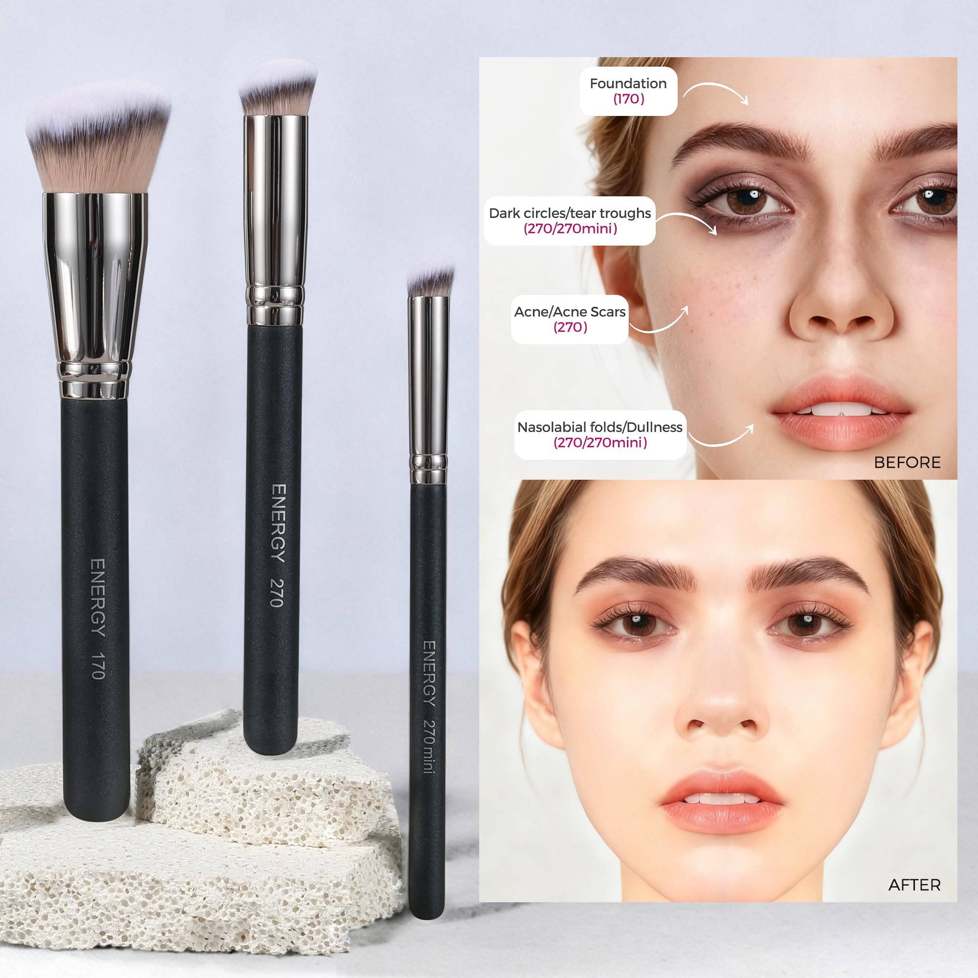 ENERGY Makeup Brush Set - 3-Piece Professional Kit with Vegan Bristles & Travel Case