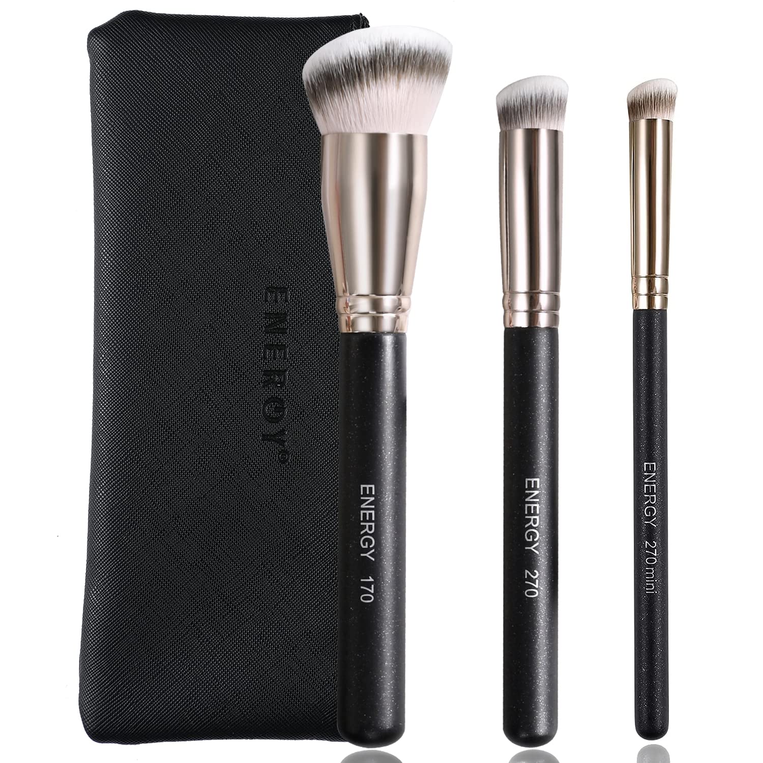 ENERGY Makeup Brush Set - 3-Piece Professional Kit with Vegan Bristles & Travel Case