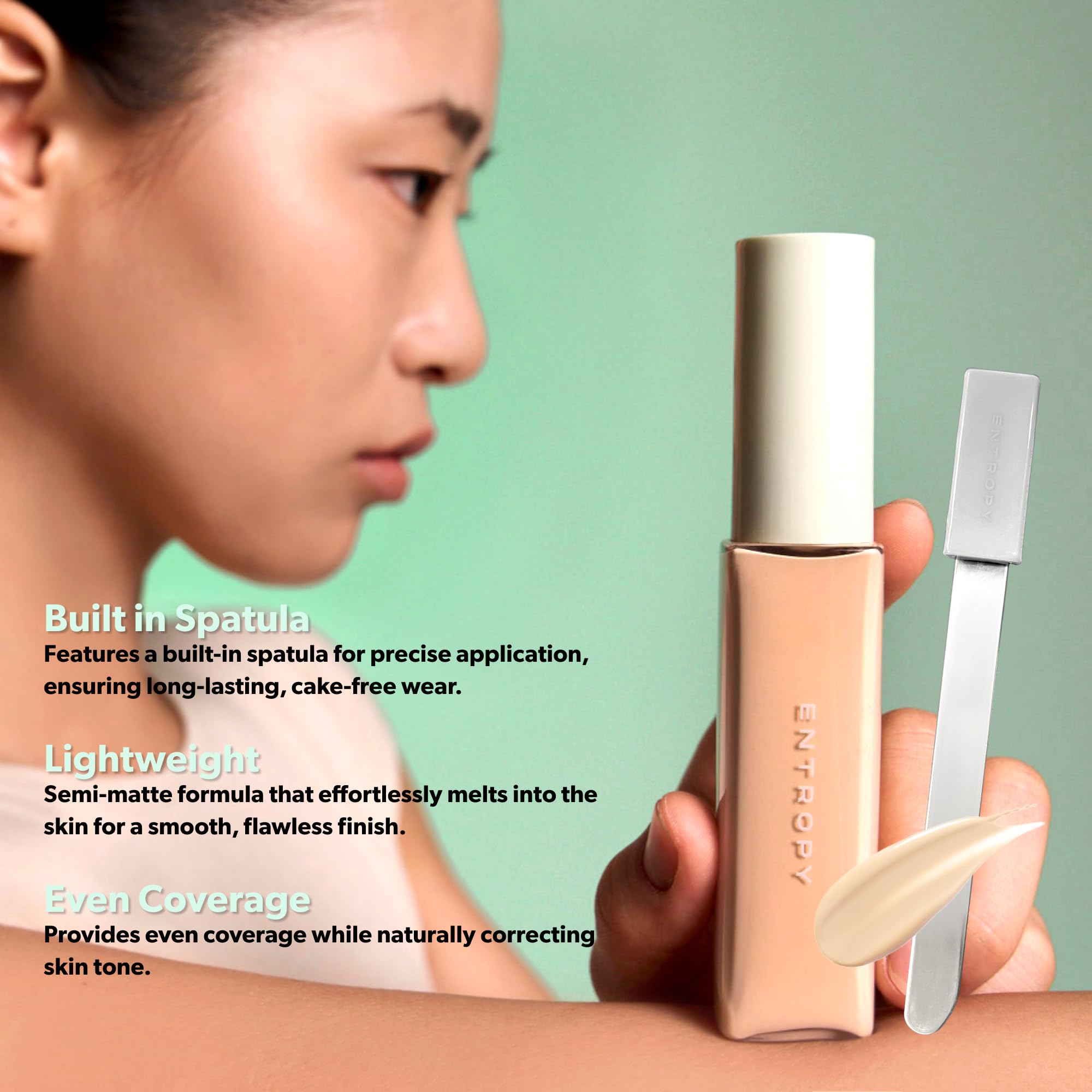 ENTROPY MAKE UP Organza Fit Spatula Foundation – Sheer to Medium Coverage, Built-In Spatula, Natural Finish