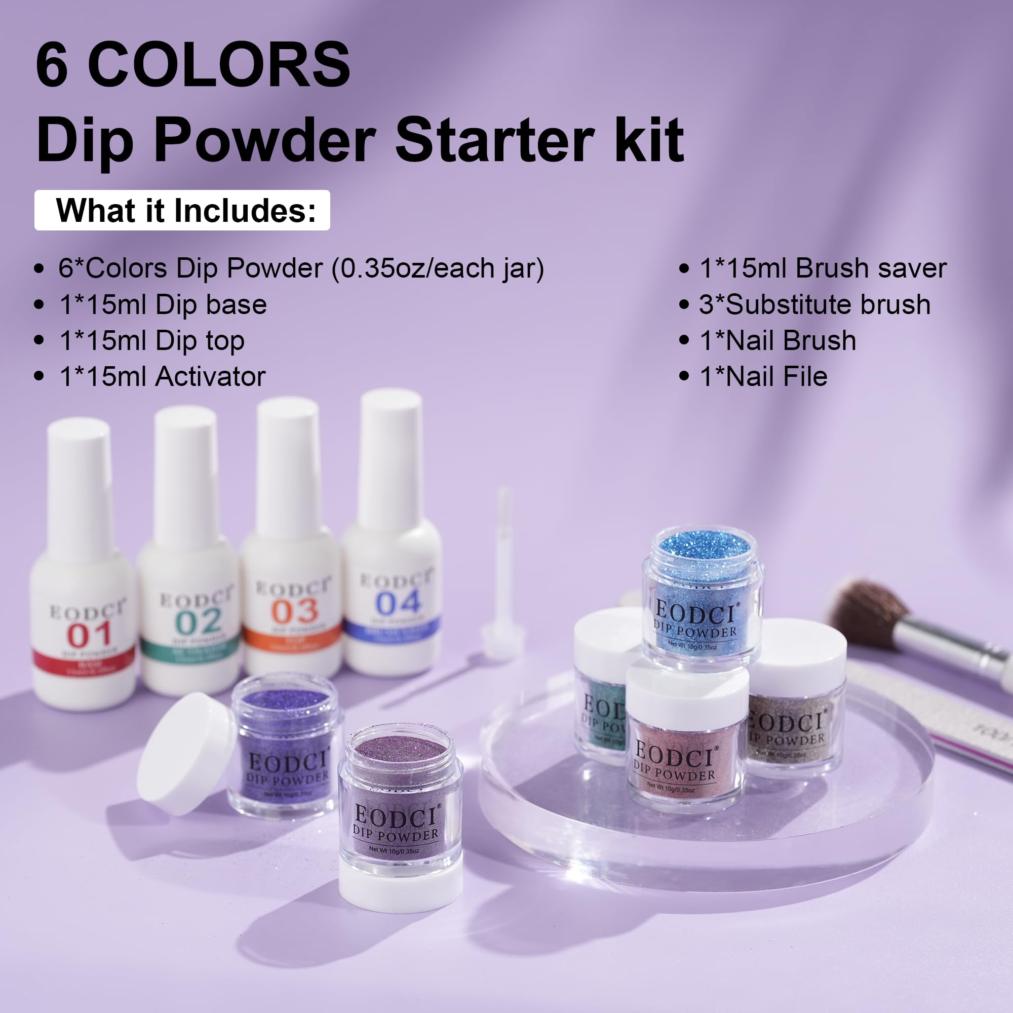 eodci 12-Piece Dip Powder Nail Kit Starter – 6 Colors, Base & Top Coat, No Lamp Needed