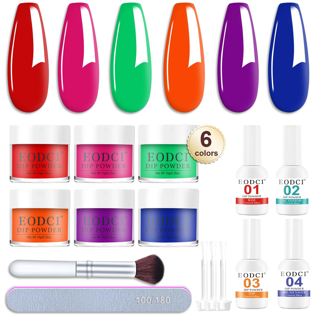 Eodci Dip Powder Nail Kit Starter – 6 Colors, Base & Top Coat, Activator, Brush Saver (12 Pcs)
