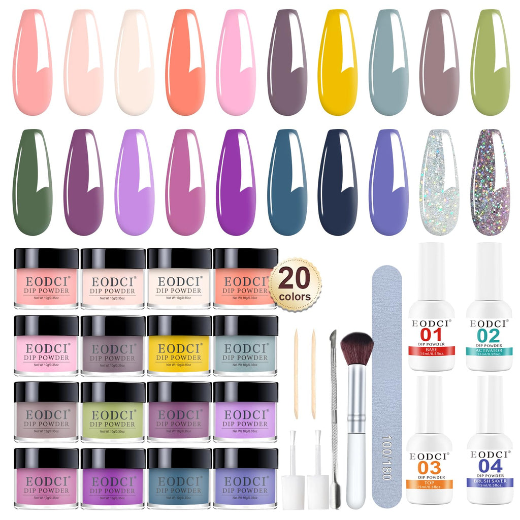 EODCI 31 Pcs Dip Powder Nail Kit – 20 Colors, No Lamp Needed, Top/Base Coat & Activator