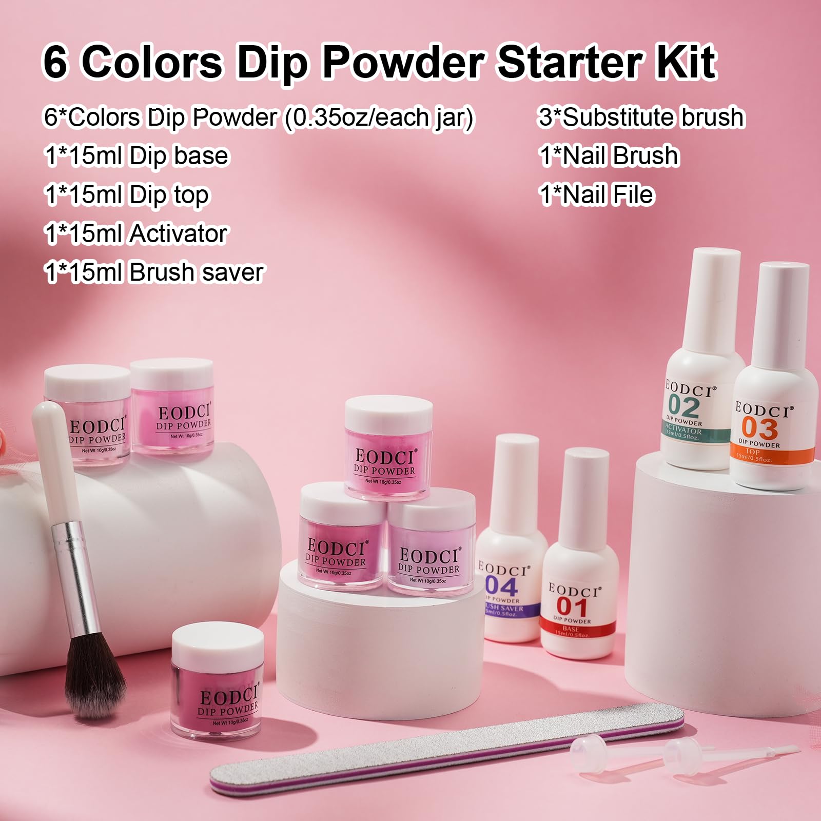 Eodci Dip Powder Nail Set – 6 Colors Hot Pink Series, 12-Piece Kit with Base & Top Coat, No Lamp Needed