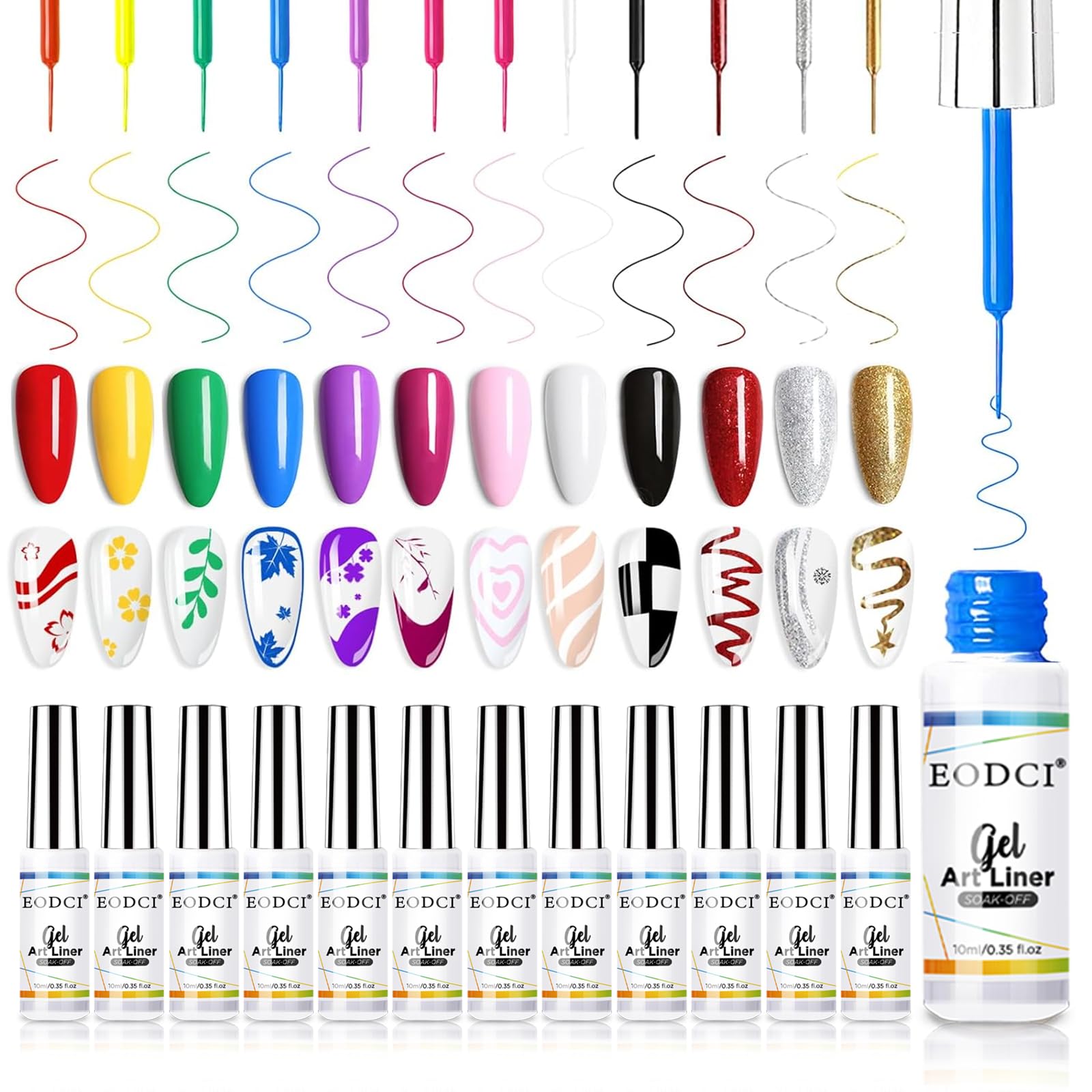 eodci Nail Art Gel Liner Set – 12 Vibrant Colors for Swirl, French Tip & DIY Nails (Soak-Off)