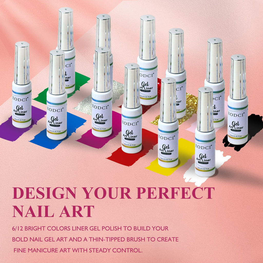 eodci Nail Art Gel Liner Set – 12 Vibrant Colors for Swirl, French Tip & DIY Nails (Soak-Off)