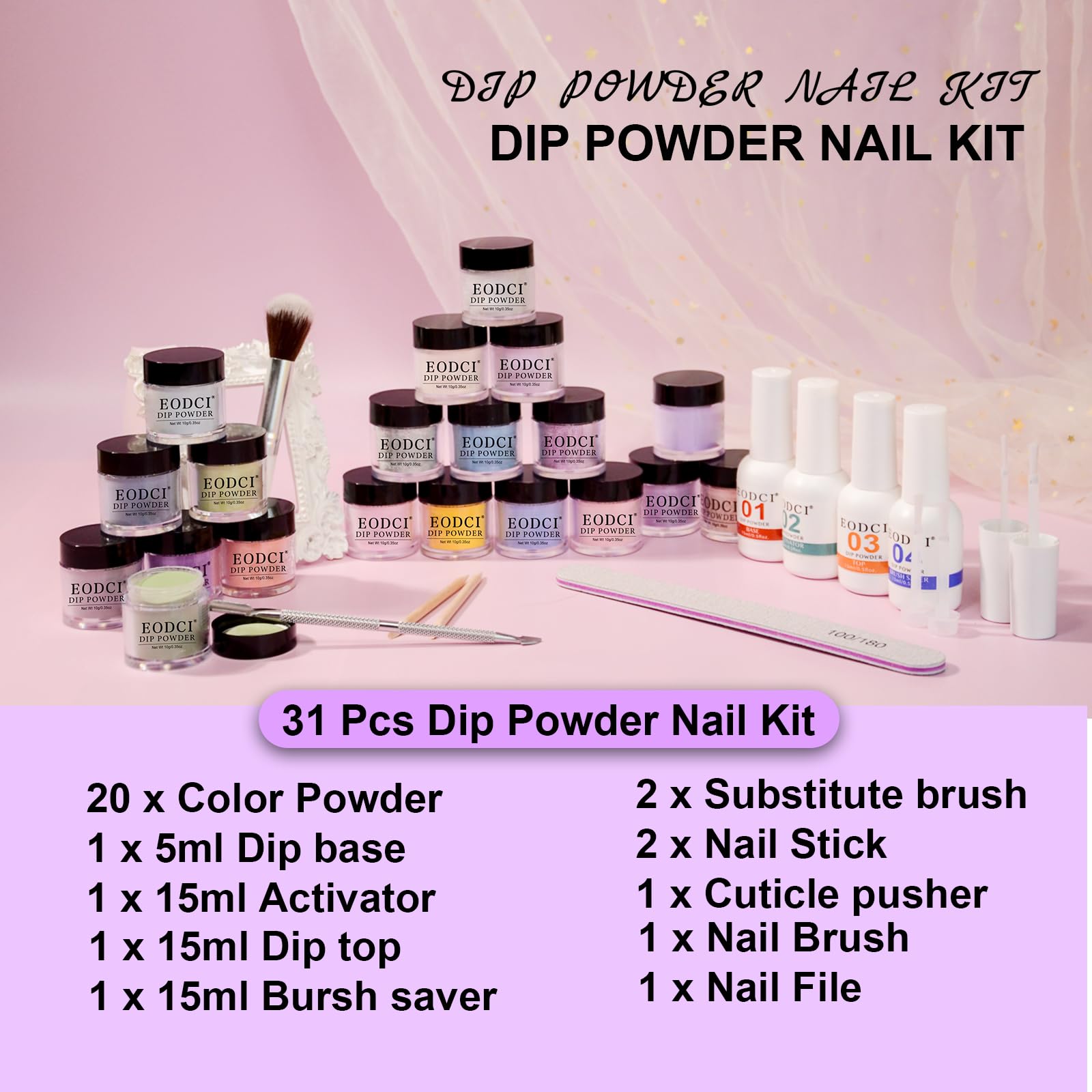EODCI 31 Pcs Dip Powder Nail Kit – 20 Colors, No Lamp Needed, Top/Base Coat & Activator