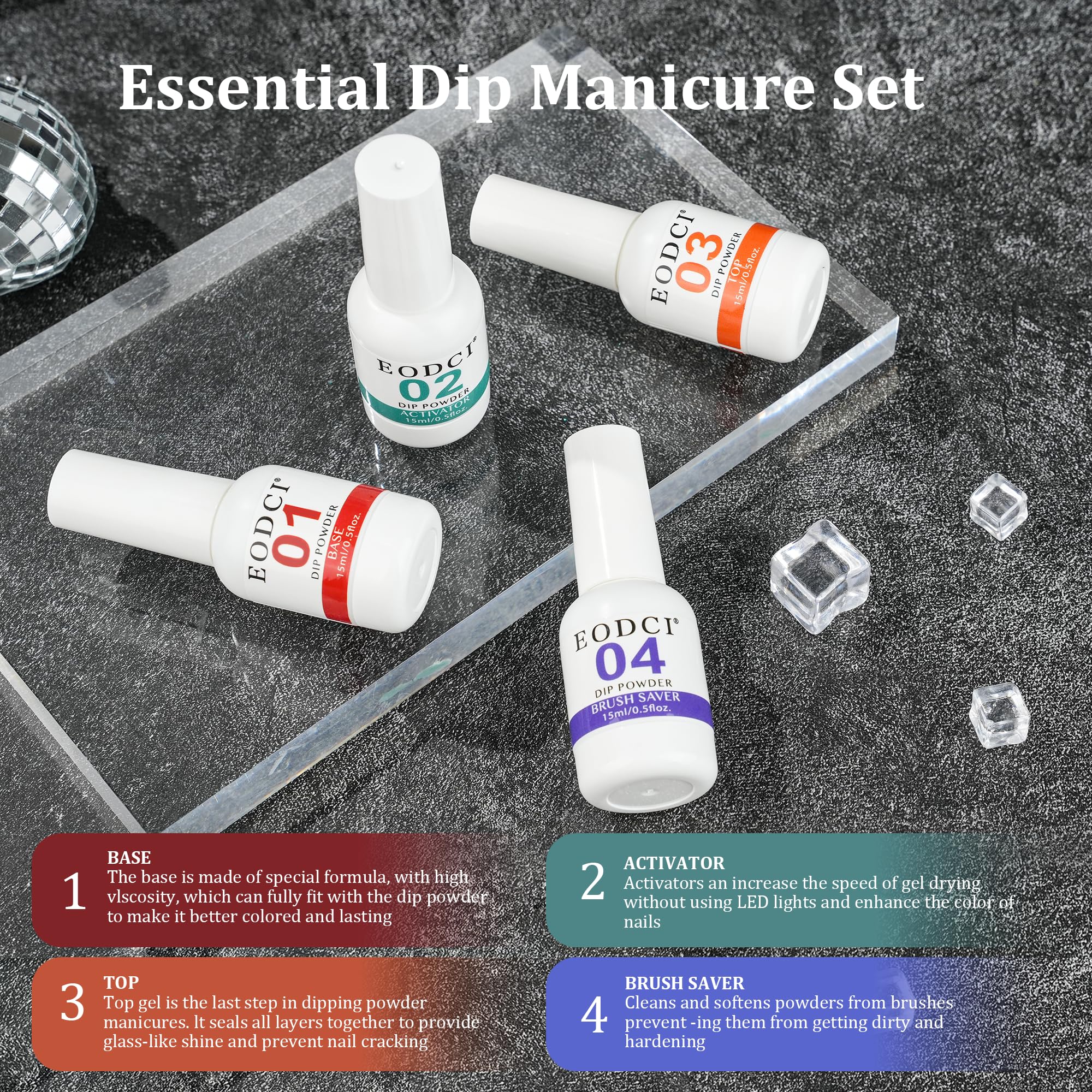 Eodci Dip Powder Nail Kit Starter - 6 Glitter Colors, No Lamp Needed, Base & Top Coat Included