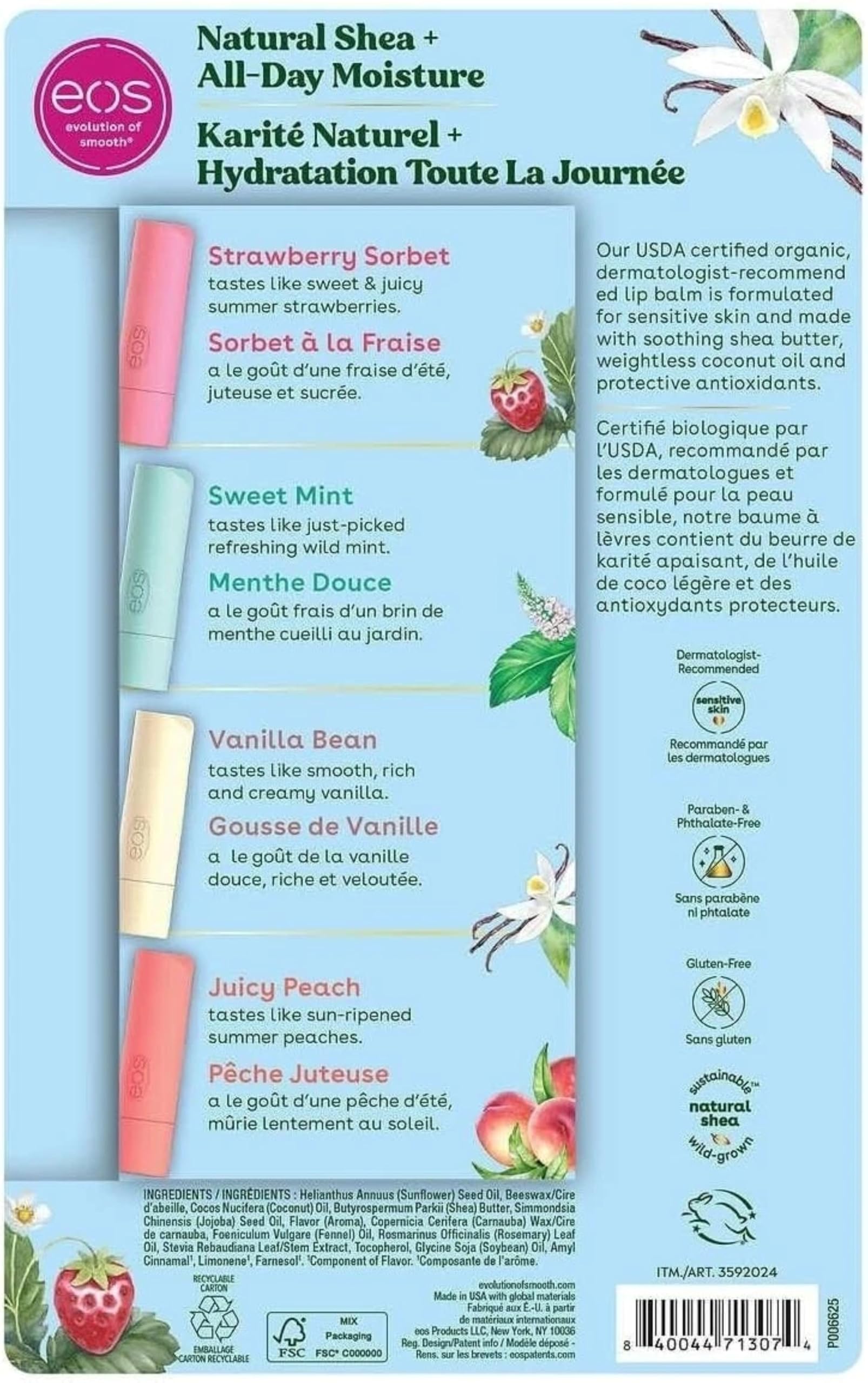 EOS Natural Shea Lip Balm Stick – 8-Pack (Strawberry Sorbet, Sweet Mint, Vanilla Bean, Juicy Peach)