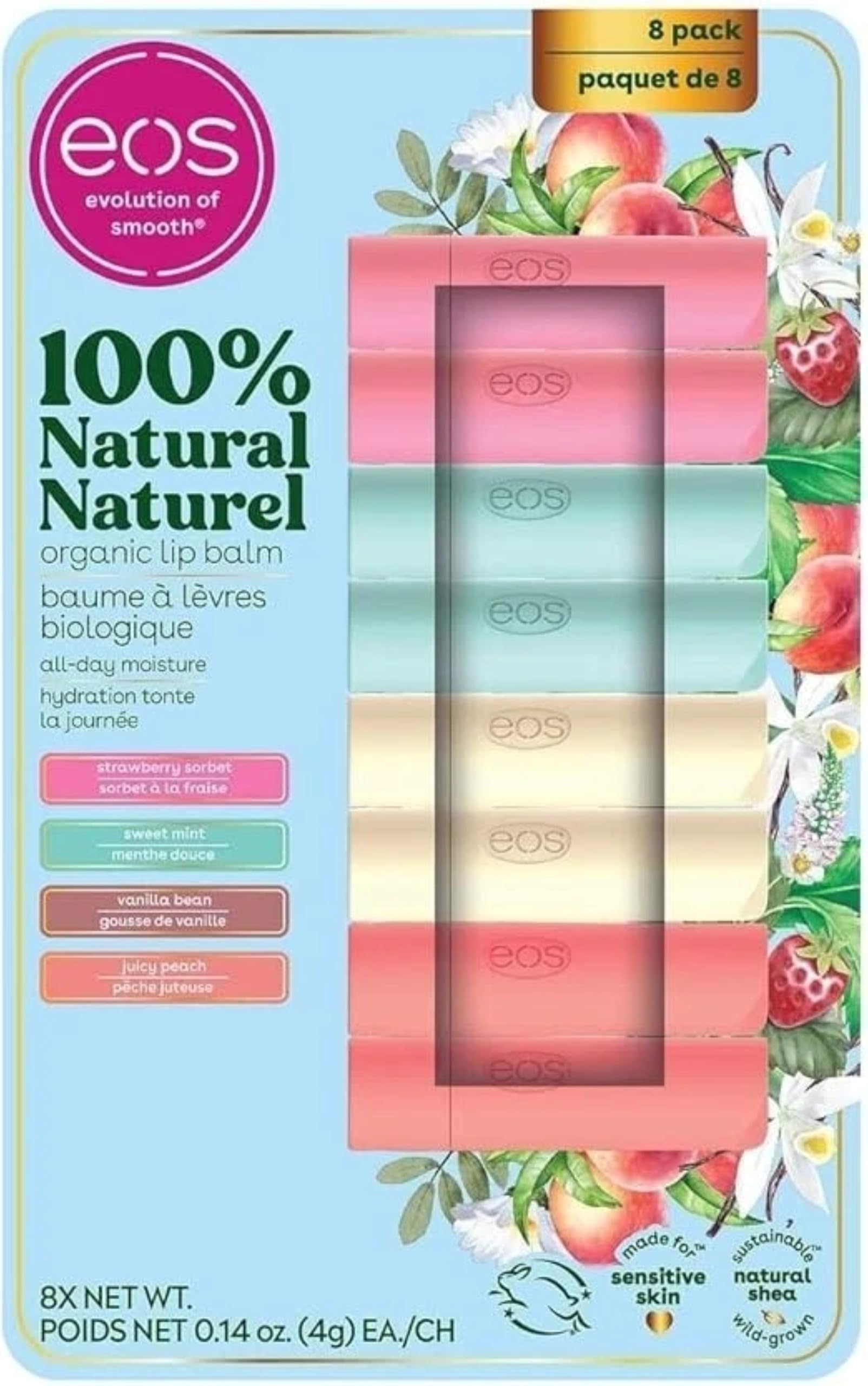 EOS Natural Shea Lip Balm Stick – 8-Pack (Strawberry Sorbet, Sweet Mint, Vanilla Bean, Juicy Peach)