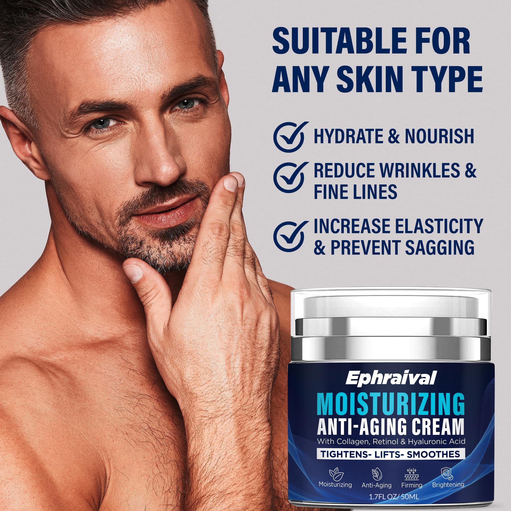 Ephraival Retinol Anti-Aging Cream for Men – Hyaluronic Acid & Peptides, Lightweight 1.7 fl oz