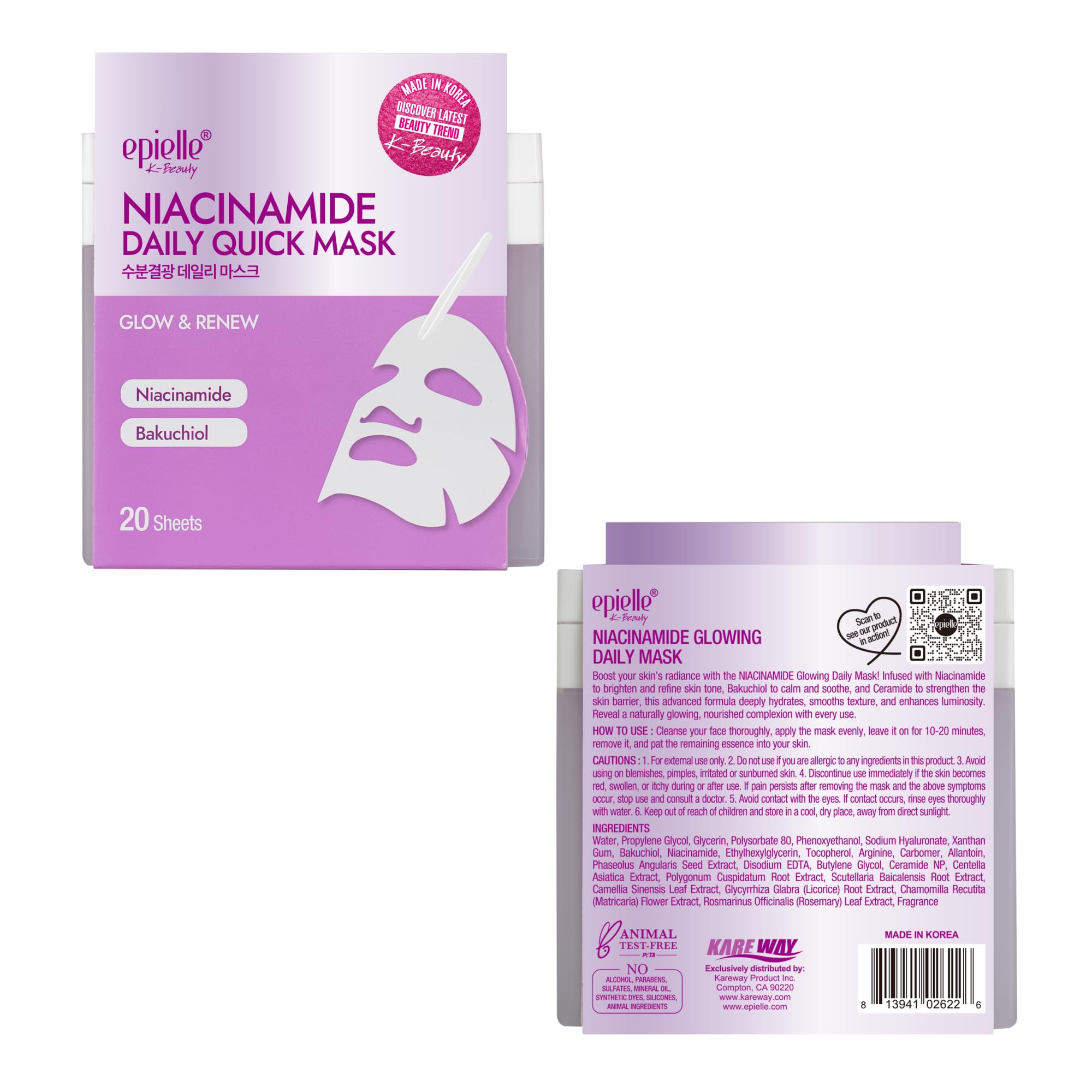 Epielle Niacinamide Korean Face Masks 20 Pack – Pore-Minimizing Sheet Masks with Bakuchiol