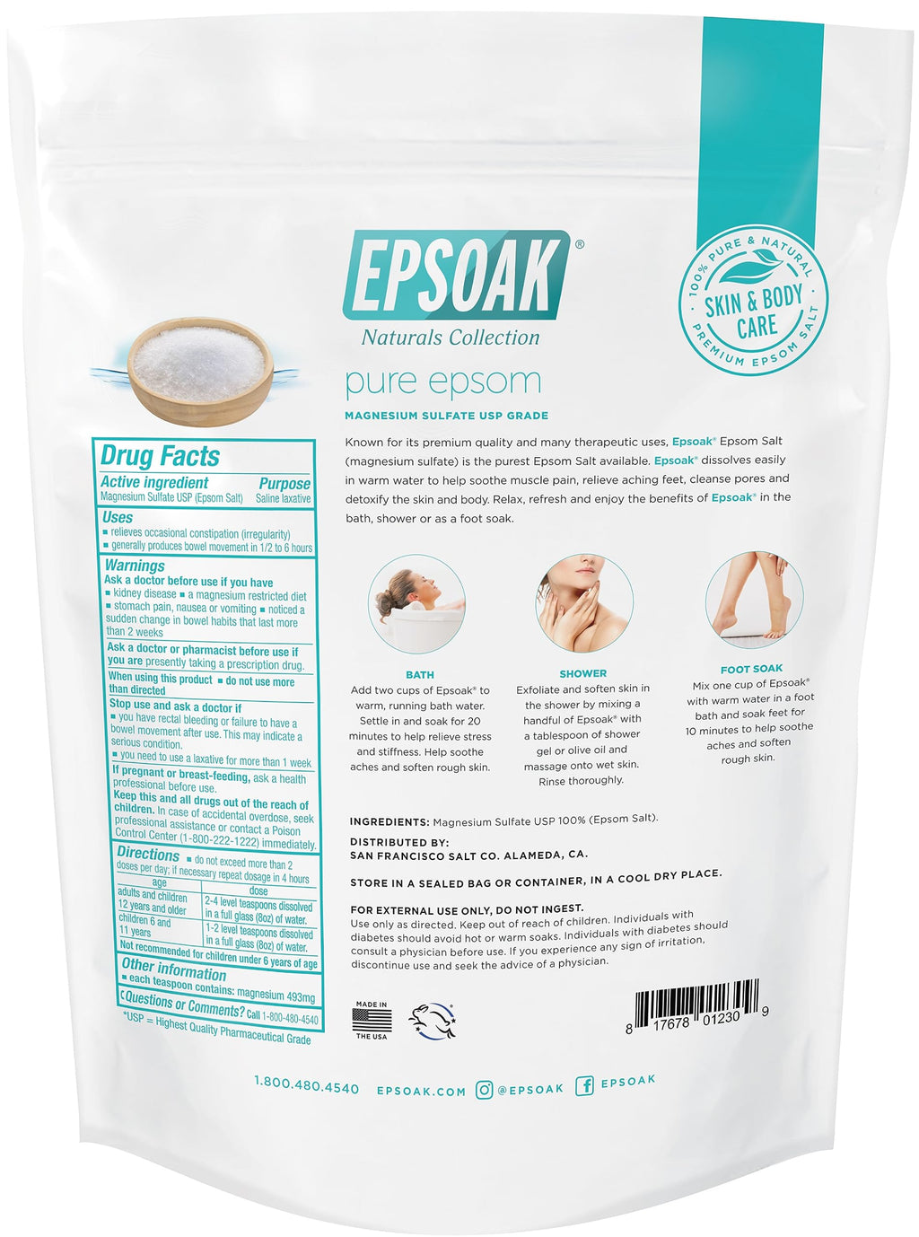 Epsoak Epsom Salt 4 lbs – USP Magnesium Sulfate, 2 x 2 lb Bags for Home Bath & Foot Spa