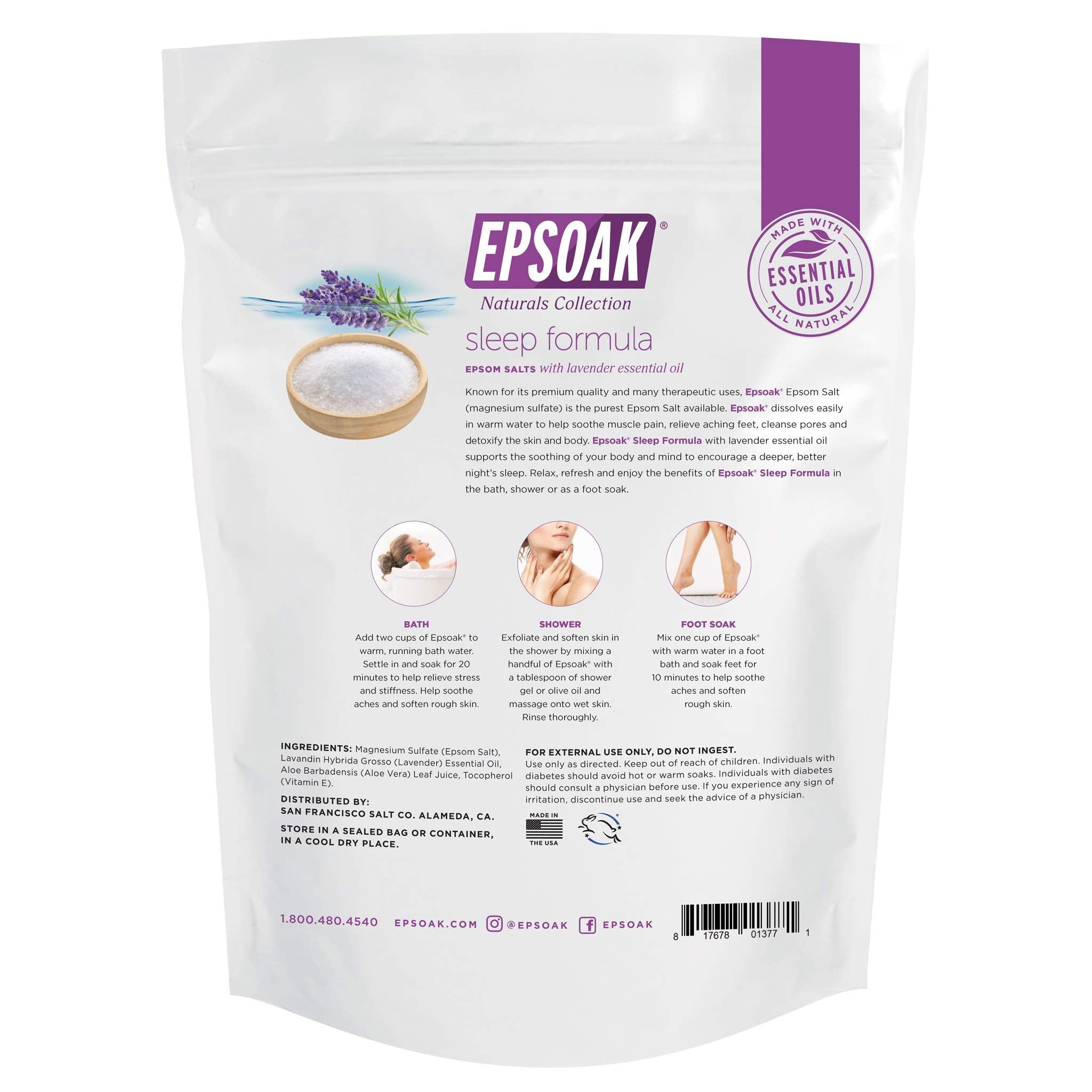 Epsoak Lavender Sleep Epsom Salt 2 lb — 2-Pack, Magnesium Sulfate USP, Resealable USA-Made, Cruelty-Free
