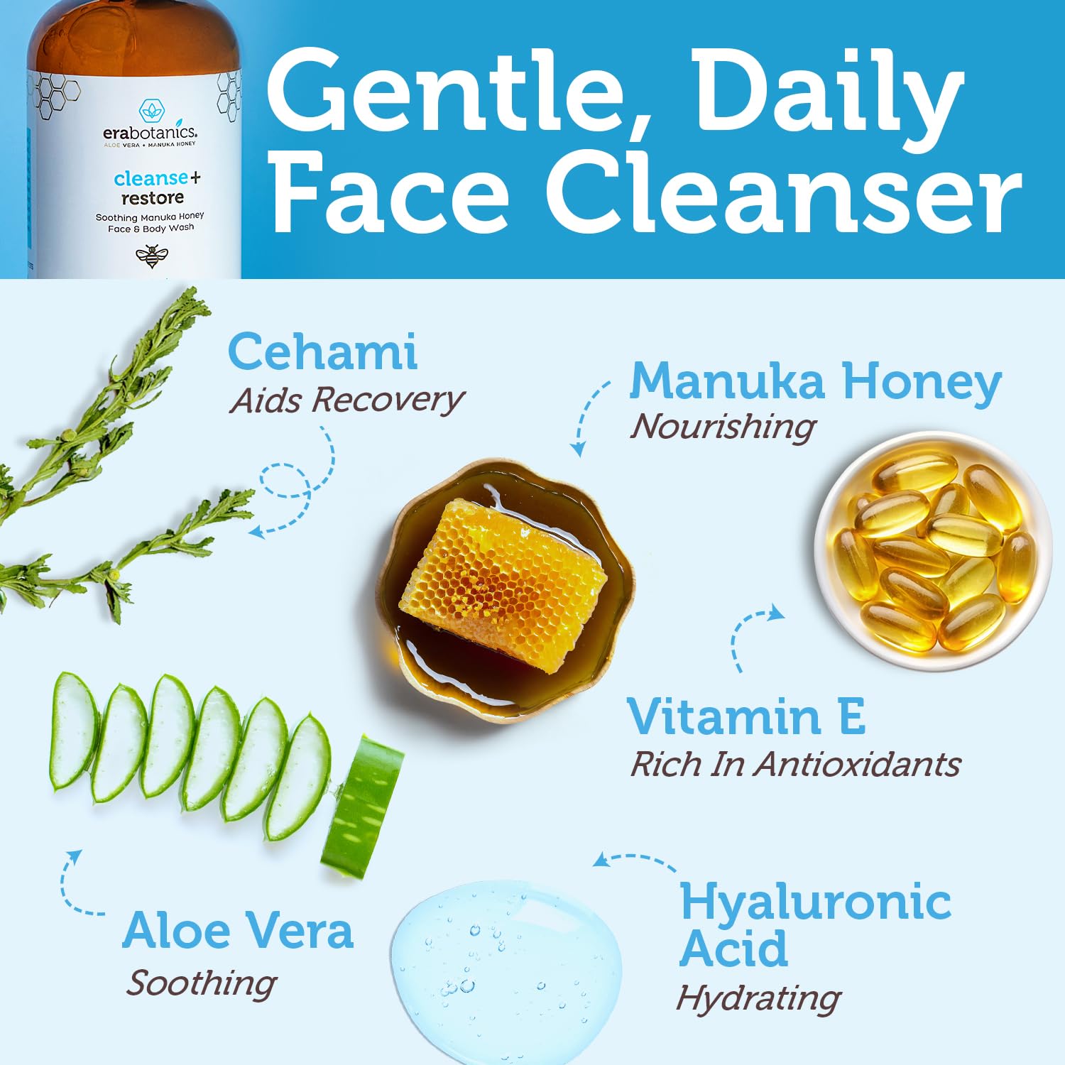 Era Organics Manuka Honey Face Wash for Sensitive Skin – Sulfate-Free Cleanser with Aloe Vera & Hyaluronic Acid (USA) - 8 oz