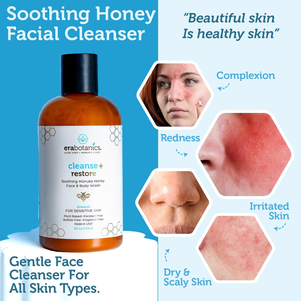 Era Organics Manuka Honey Face Wash for Sensitive Skin – Sulfate-Free Cleanser with Aloe Vera & Hyaluronic Acid (USA) - 8 oz