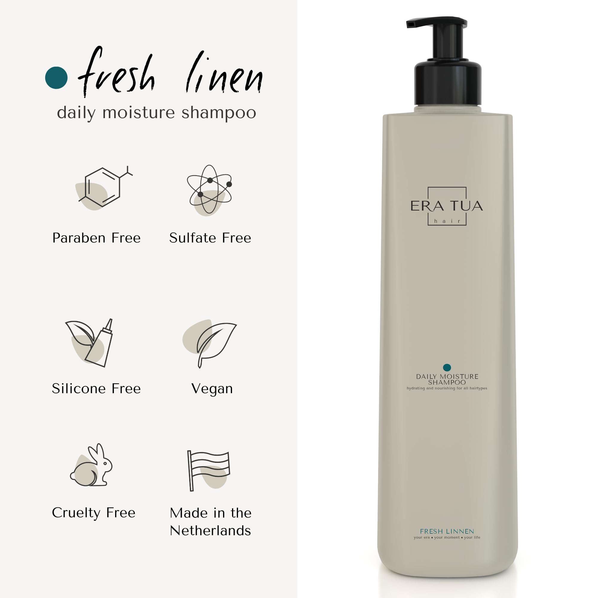 ERA TUA Fresh Linen Daily Moisture Shampoo | Dutch Made Hydration for Dry & Damaged Hair | Bergamot Jasmine & Rose | 250 ml